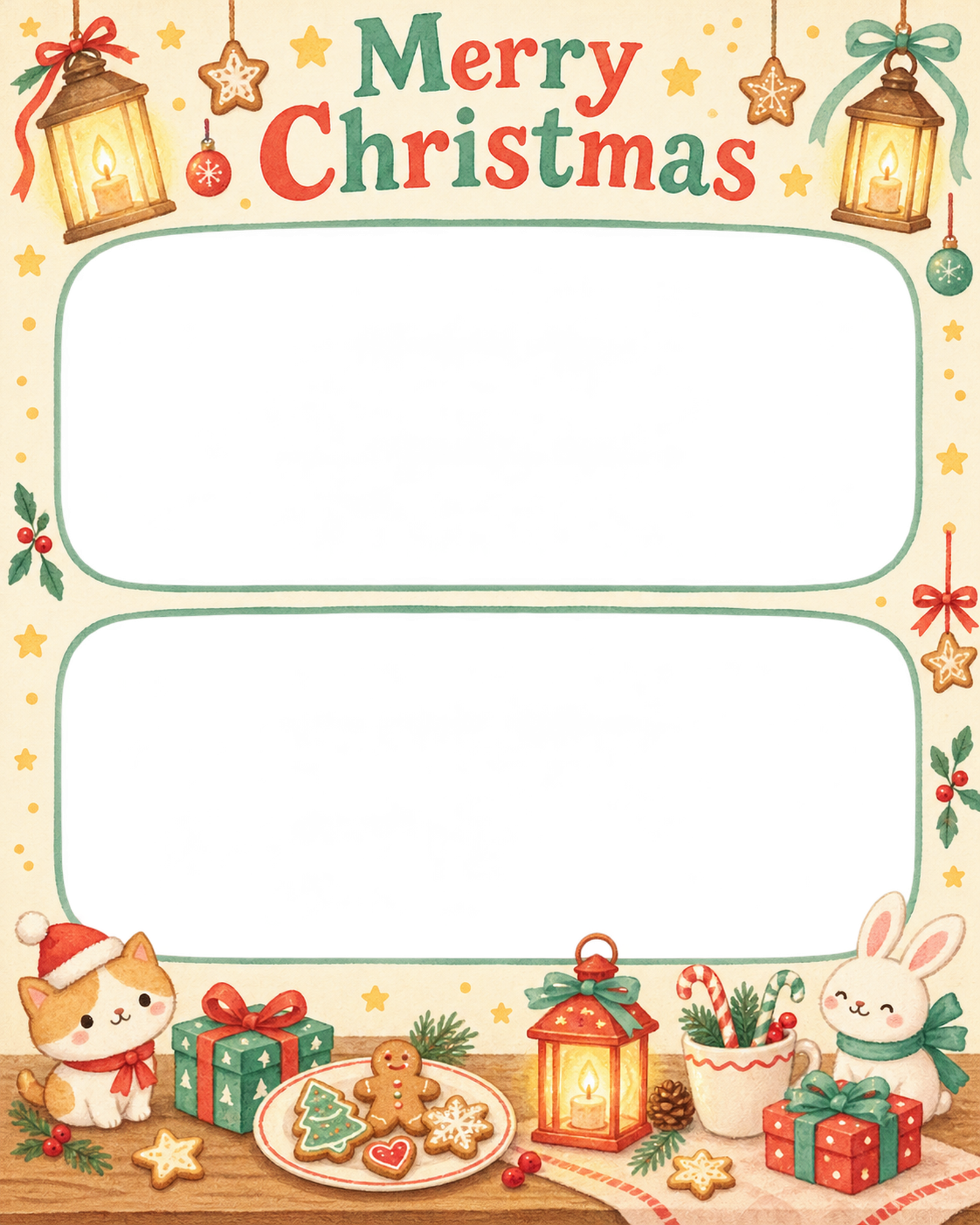 ひかるランタンの保育園・幼稚園のクリスマス会写真フレーム｜お菓子のクリスマス会・無料イラスト 100042に写真・文字を入れる
