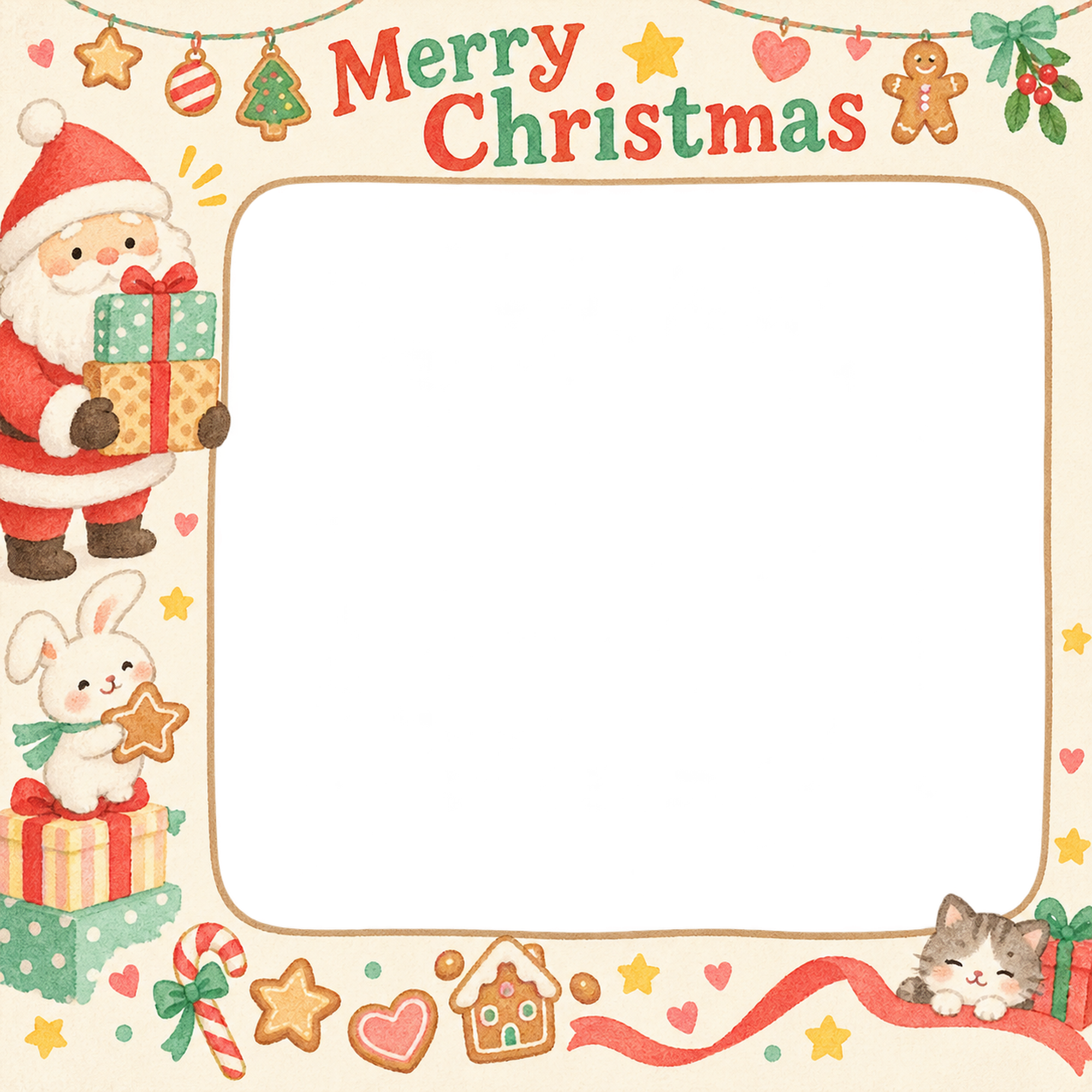 サンタの贈り物の保育園・幼稚園のクリスマス会写真フレーム｜お菓子のクリスマス会・無料イラスト 100043に写真・文字を入れる