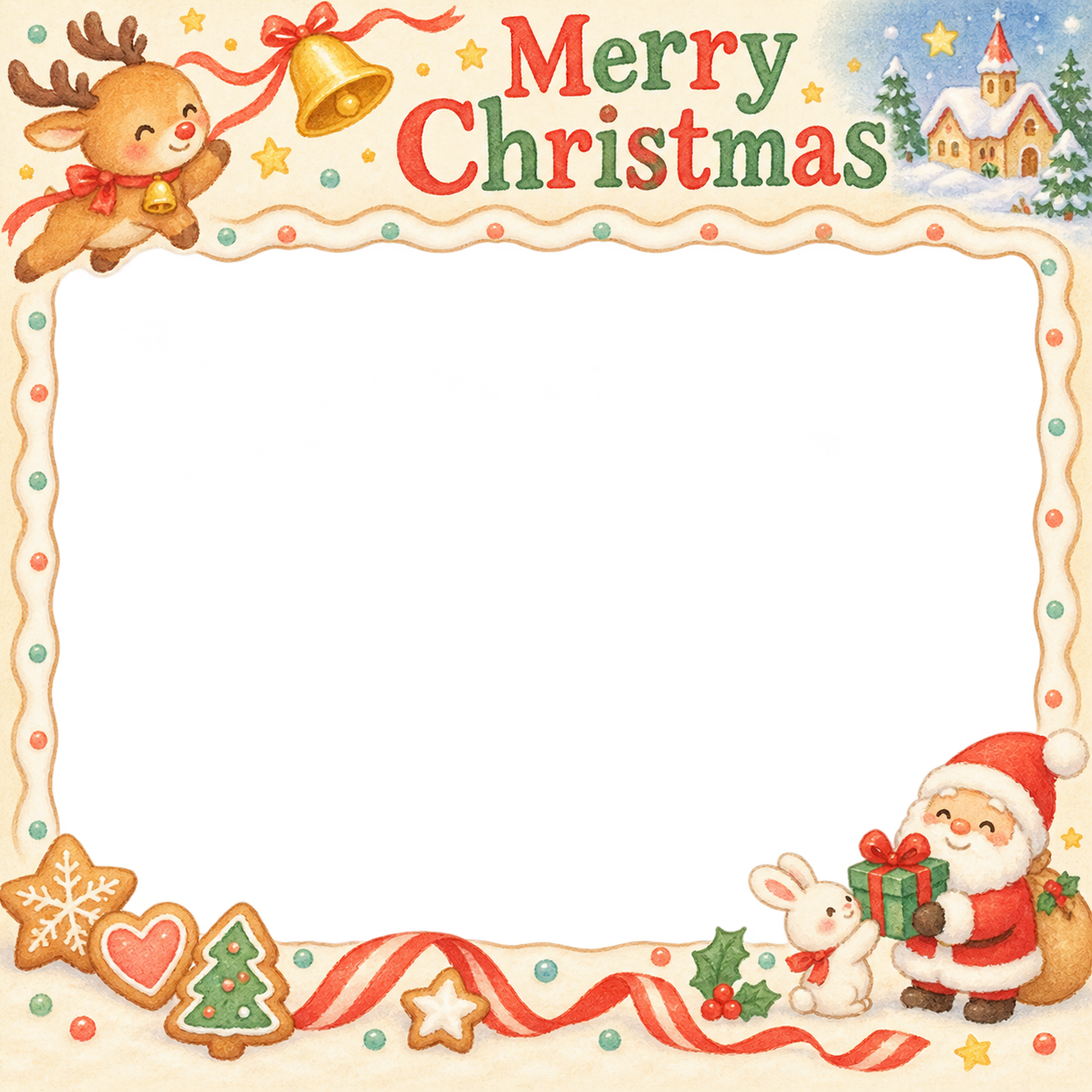 トナカイとベルの保育園・幼稚園のクリスマス会写真フレーム｜お菓子のクリスマス会・無料イラスト 100044に写真・文字を入れる