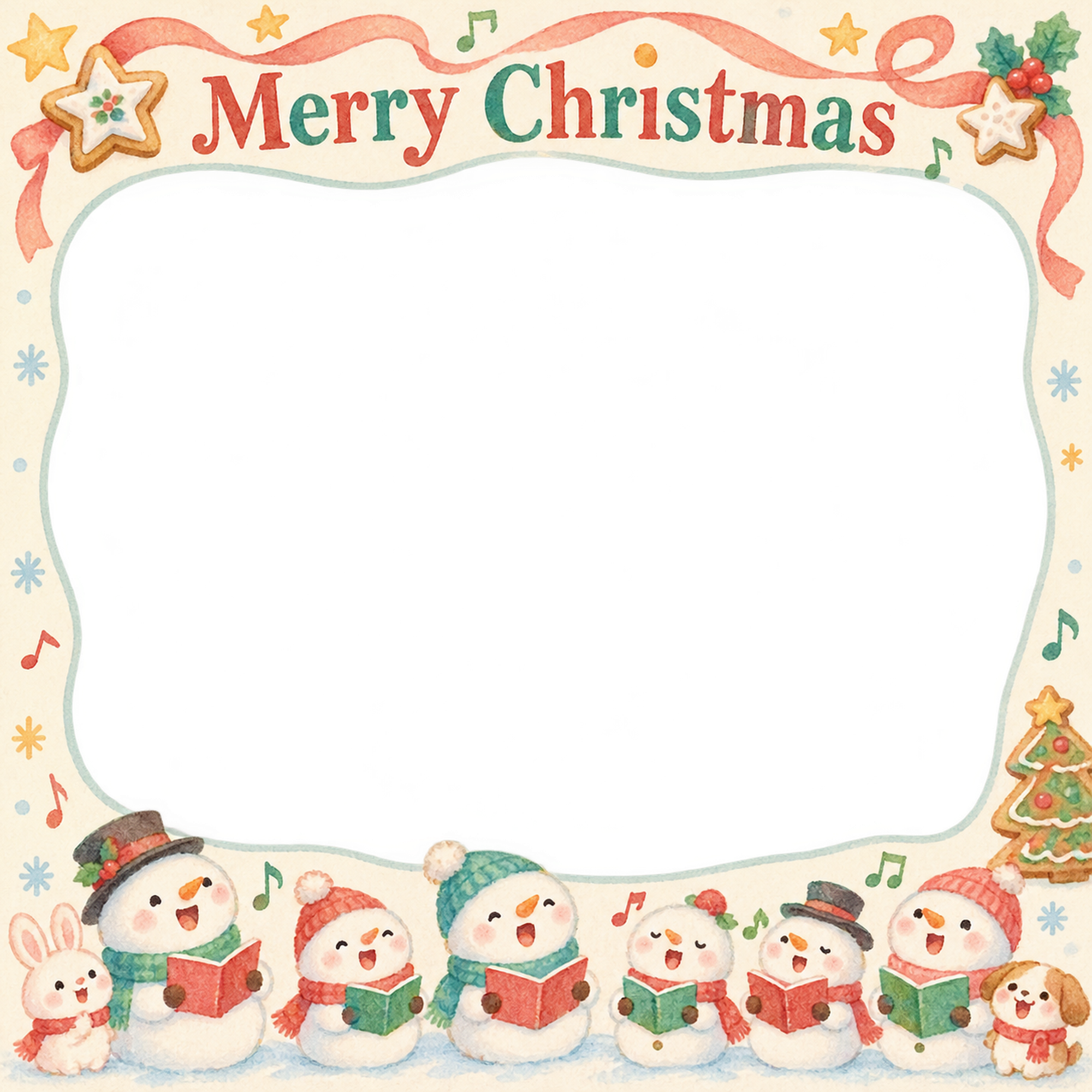 雪だるまの合唱の保育園・幼稚園のクリスマス会写真フレーム｜お菓子のクリスマス会・無料イラスト 100045に写真・文字を入れる