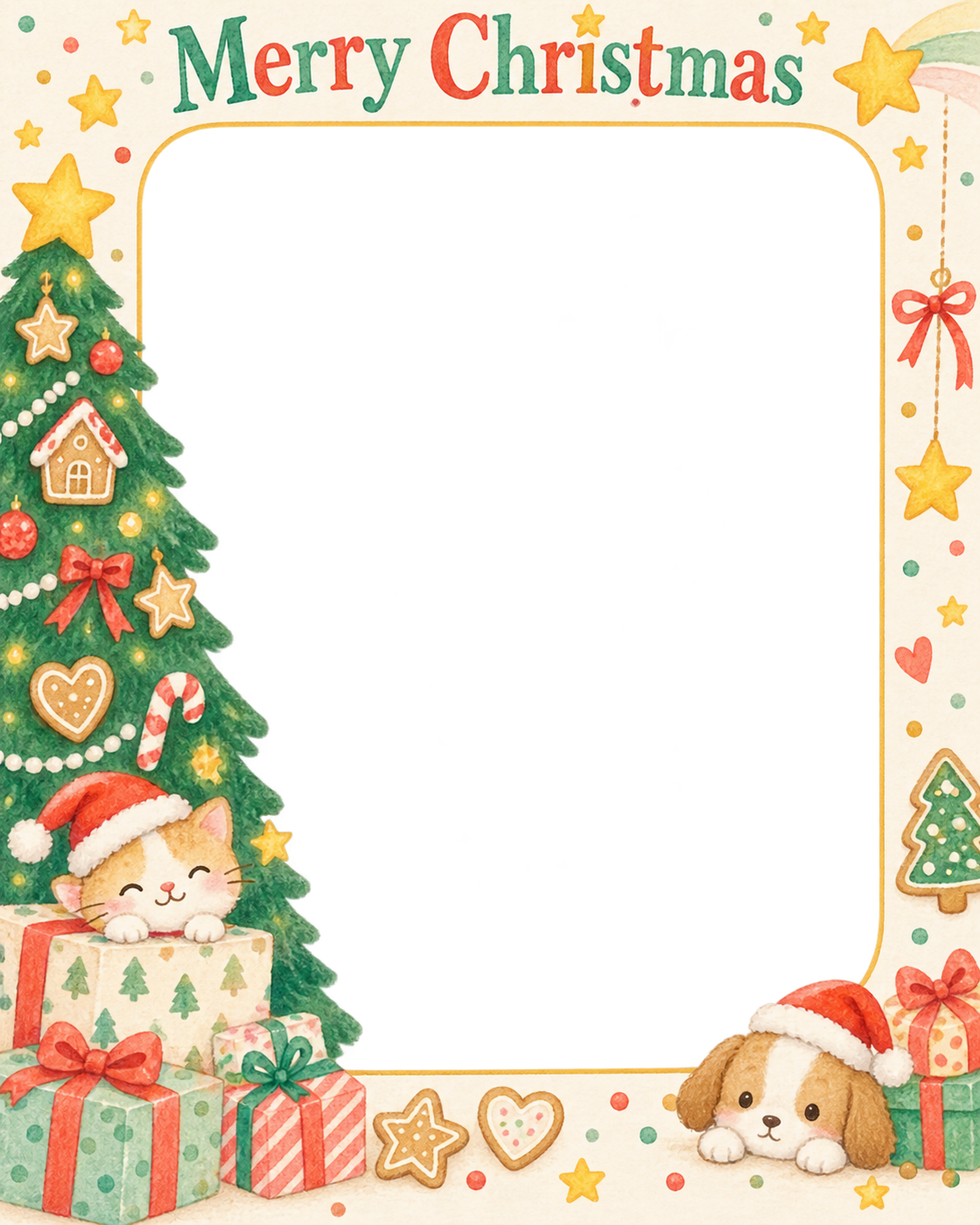 ツリーと星の保育園・幼稚園のクリスマス会写真フレーム｜お菓子のクリスマス会・無料イラスト 100046に写真・文字を入れる