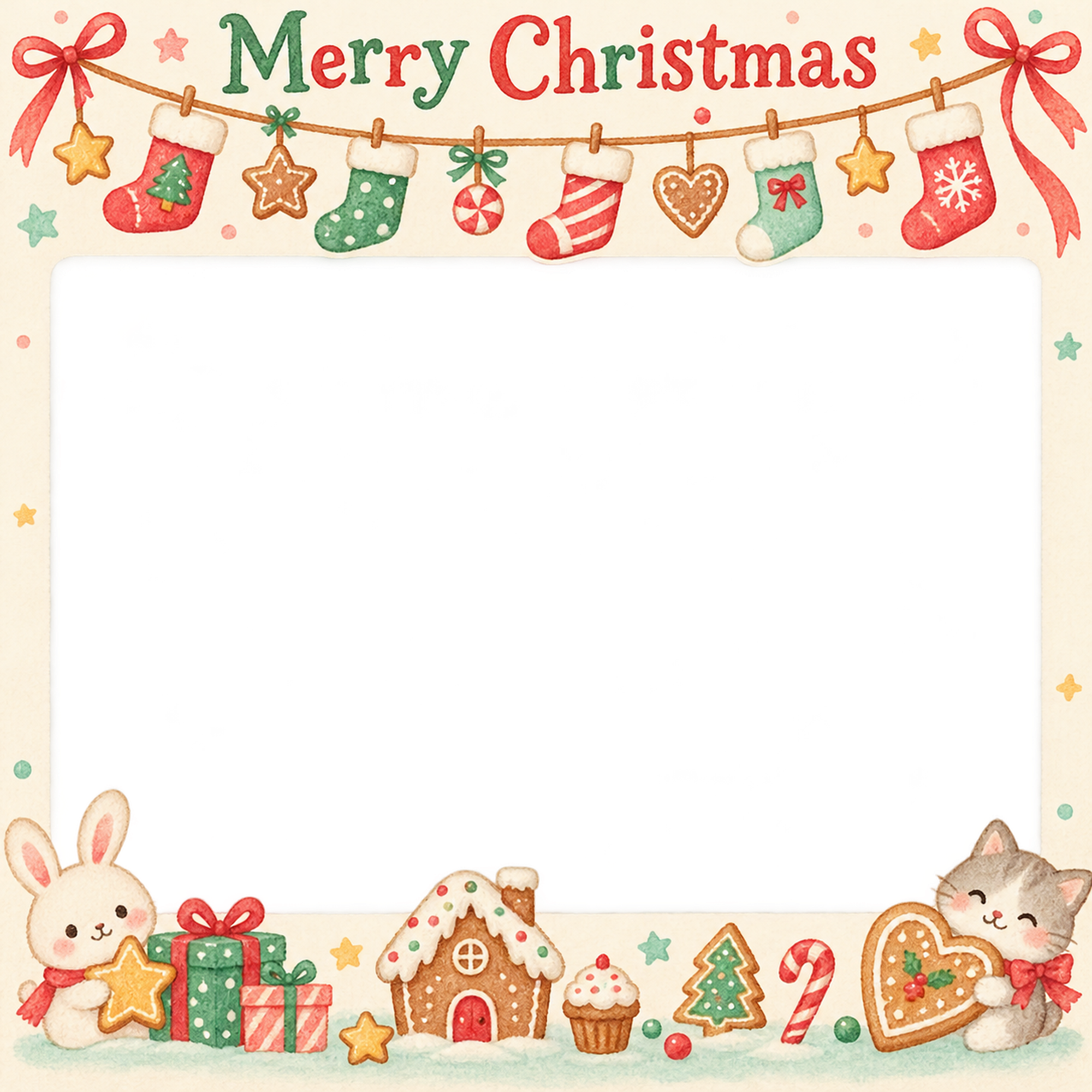 くつしたの列の保育園・幼稚園のクリスマス会写真フレーム｜お菓子のクリスマス会・無料イラスト 100047に写真・文字を入れる