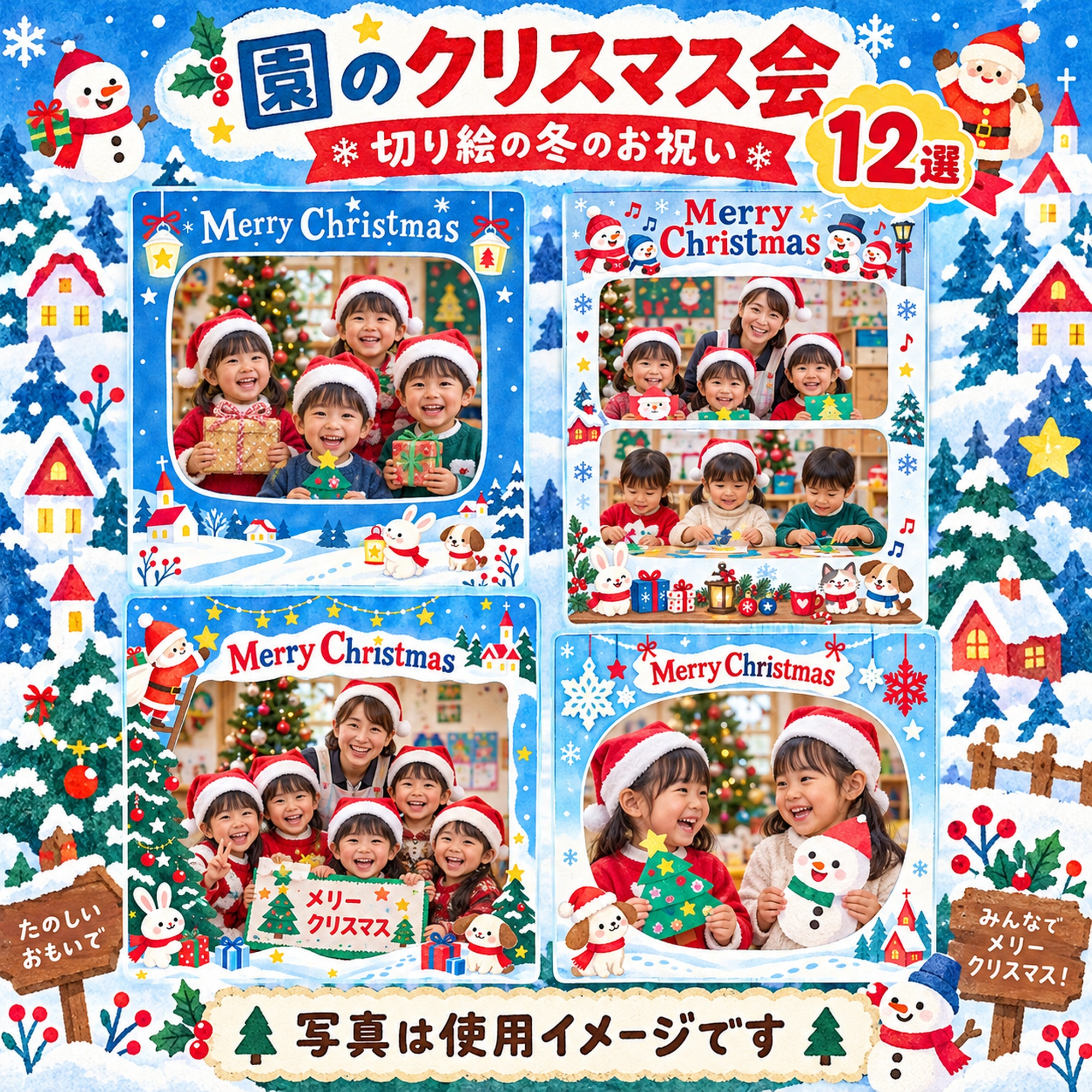 保育園・幼稚園のクリスマス会写真フレーム12選｜切り絵の冬のお祝いの無料イラスト素材 100049に写真・文字を入れる
