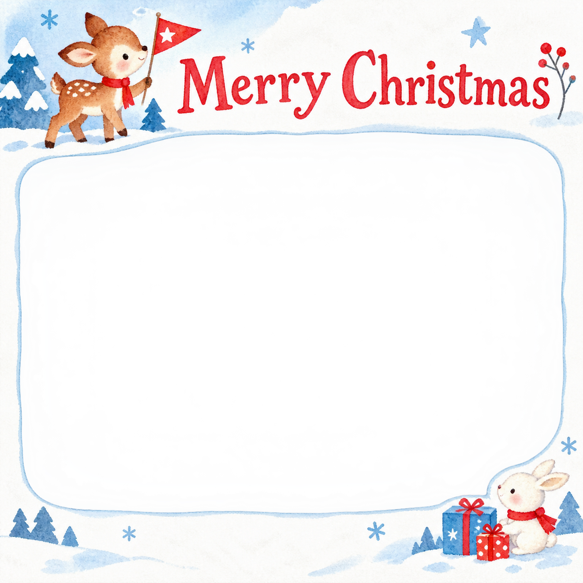 子鹿と小さな旗の保育園・幼稚園のクリスマス会写真フレーム｜切り絵の冬のお祝い・無料イラスト 100050に写真・文字を入れる