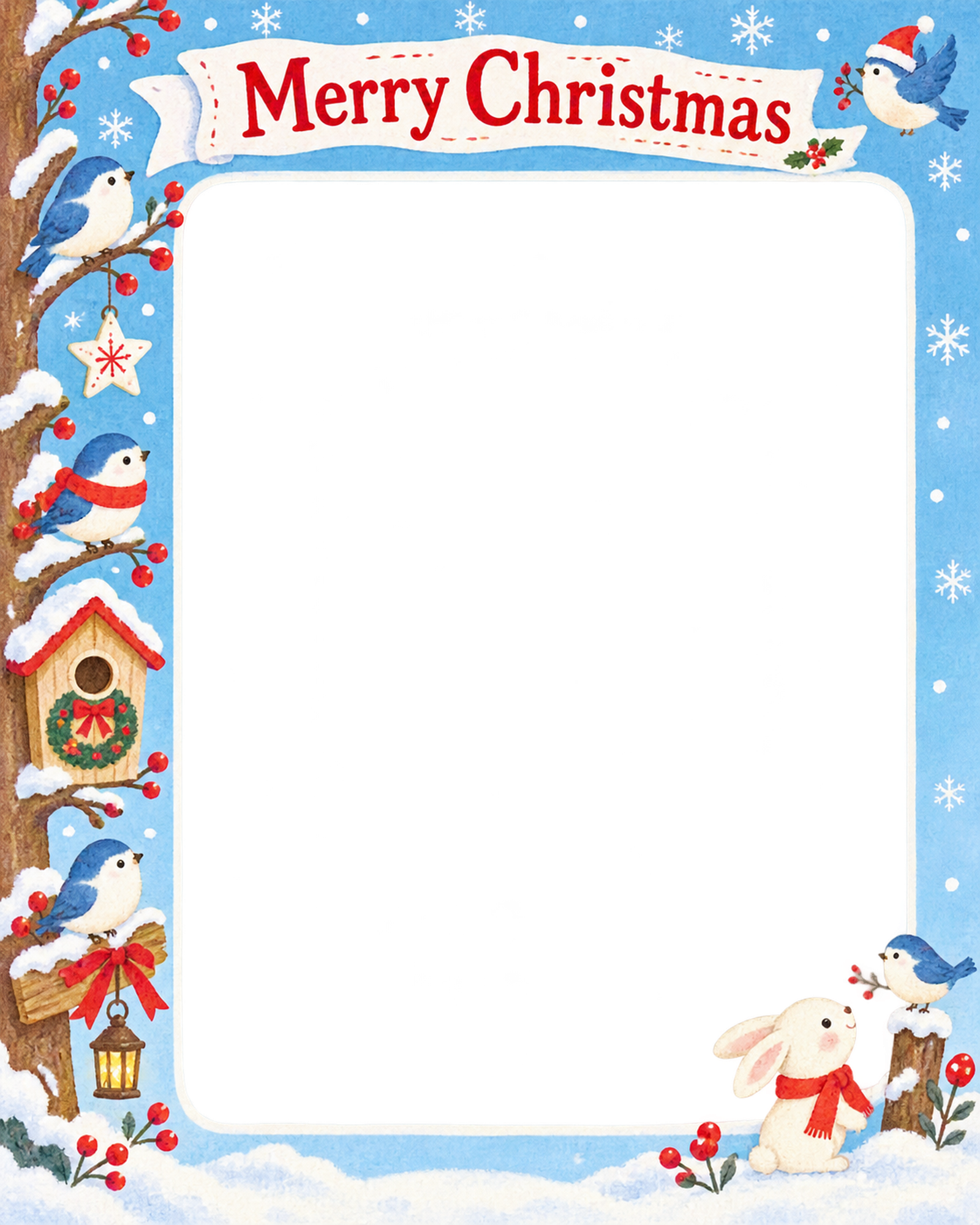 冬の小鳥の保育園・幼稚園のクリスマス会写真フレーム｜切り絵の冬のお祝い・無料イラスト 100051に写真・文字を入れる