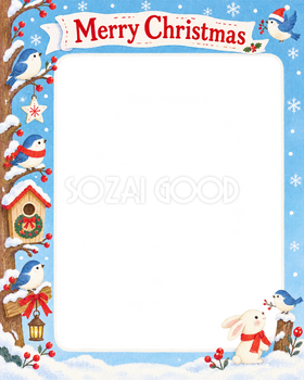 冬の小鳥の保育園・幼稚園のクリスマス会写真フレーム｜切り絵の冬のお祝い・無料イラスト 100051