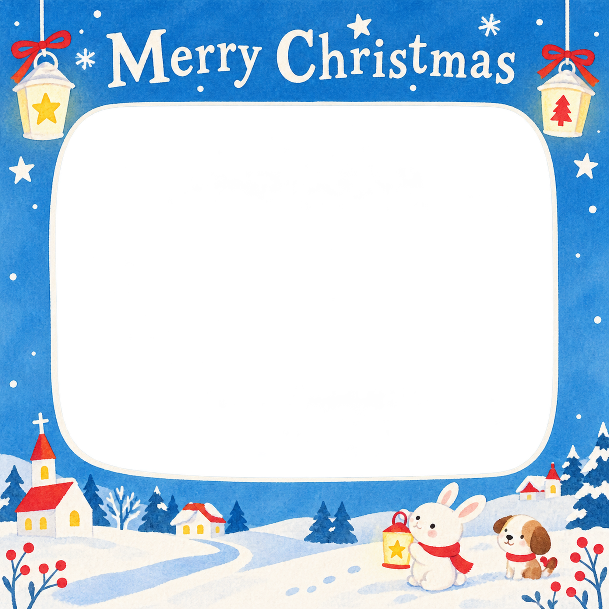 ひかるランタンの保育園・幼稚園のクリスマス会写真フレーム｜切り絵の冬のお祝い・無料イラスト 100052に写真・文字を入れる
