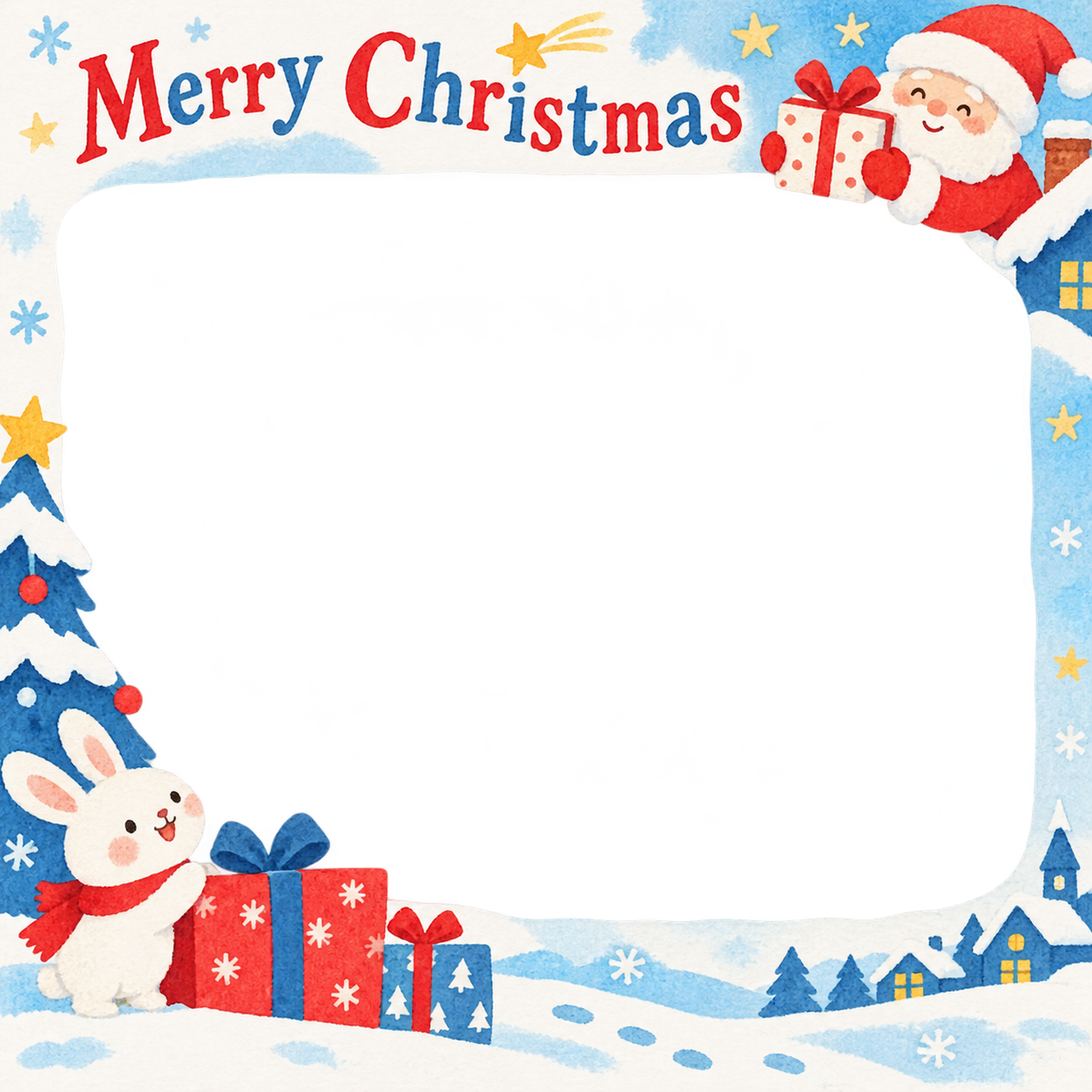 サンタの贈り物の保育園・幼稚園のクリスマス会写真フレーム｜切り絵の冬のお祝い・無料イラスト 100053に写真・文字を入れる