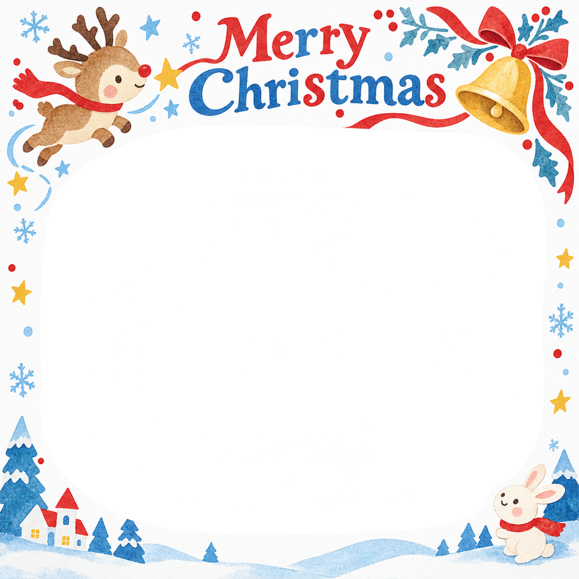 トナカイとベルの保育園・幼稚園のクリスマス会写真フレーム｜切り絵の冬のお祝い・無料イラスト 100054に写真・文字を入れる