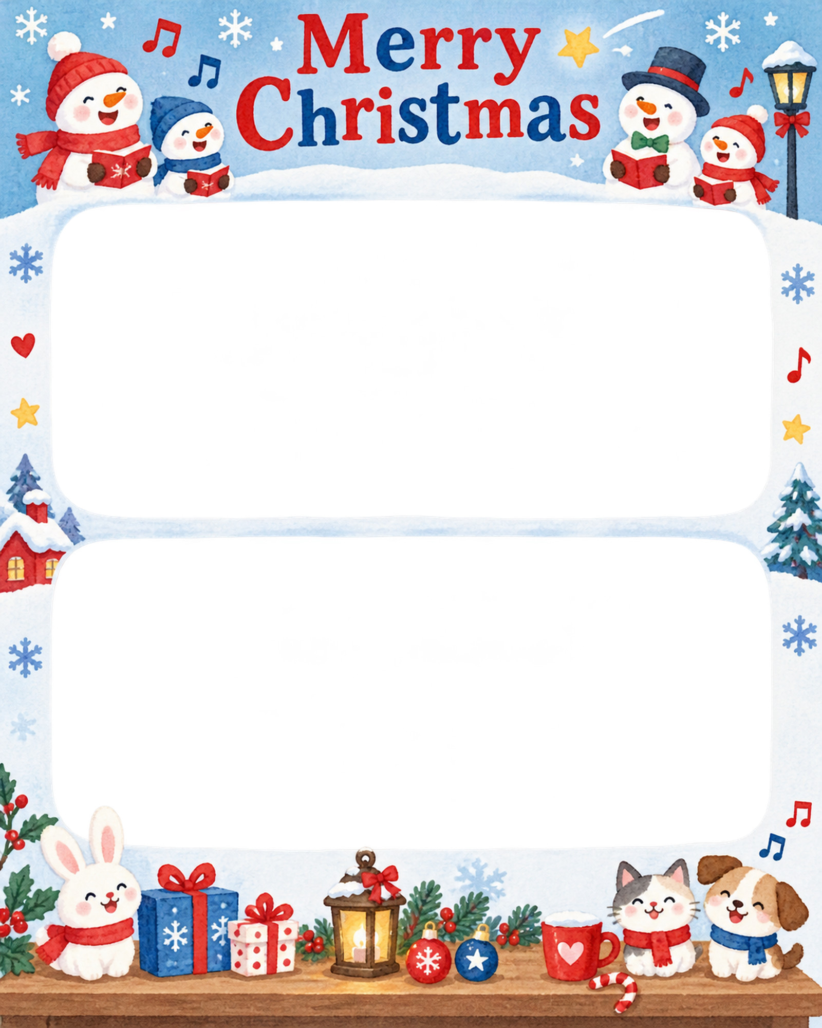 雪だるまの合唱の保育園・幼稚園のクリスマス会写真フレーム｜切り絵の冬のお祝い・無料イラスト 100055に写真・文字を入れる