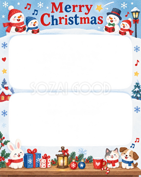 雪だるまの合唱の保育園・幼稚園のクリスマス会写真フレーム｜切り絵の冬のお祝い・無料イラスト 100055