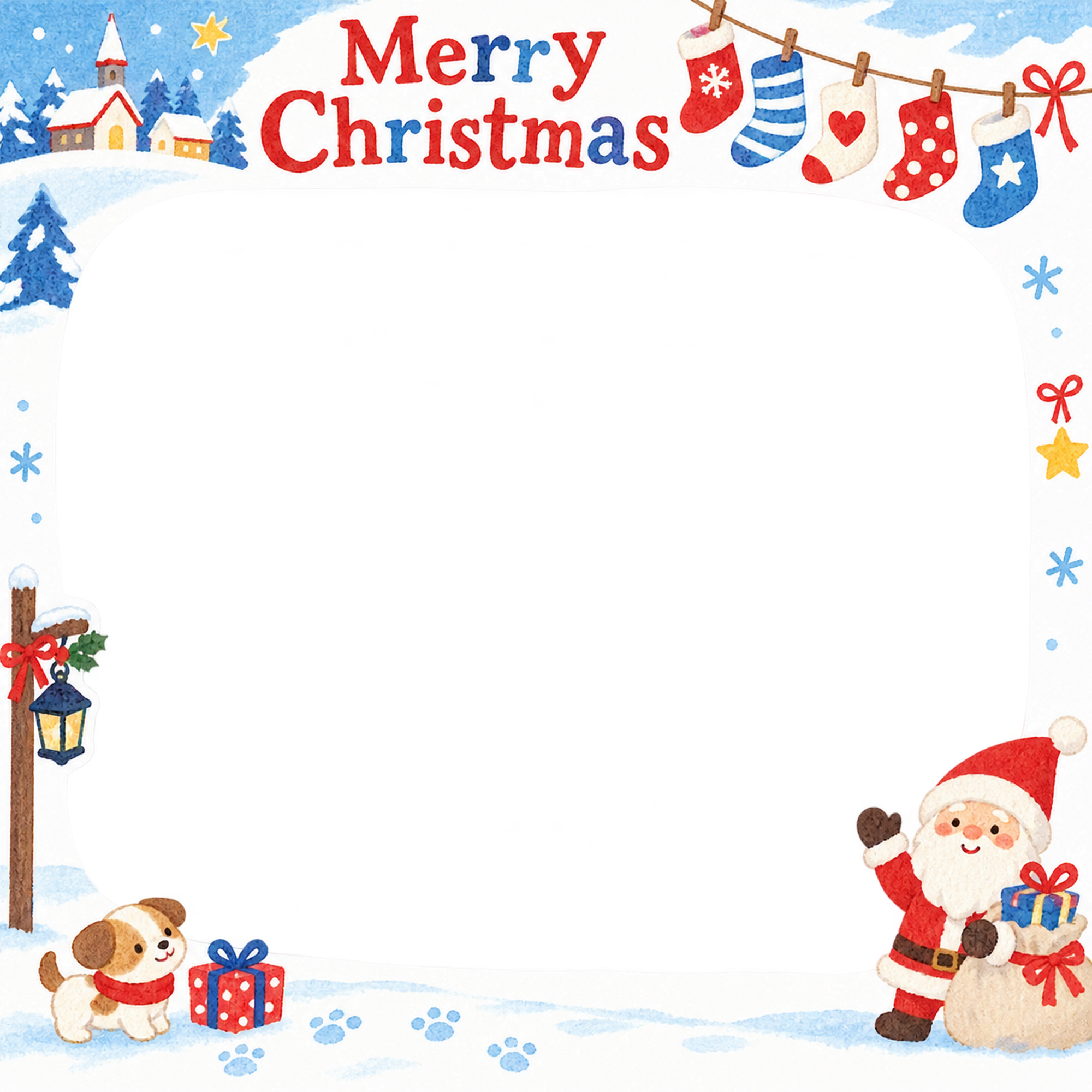 くつしたの列の保育園・幼稚園のクリスマス会写真フレーム｜切り絵の冬のお祝い・無料イラスト 100057に写真・文字を入れる