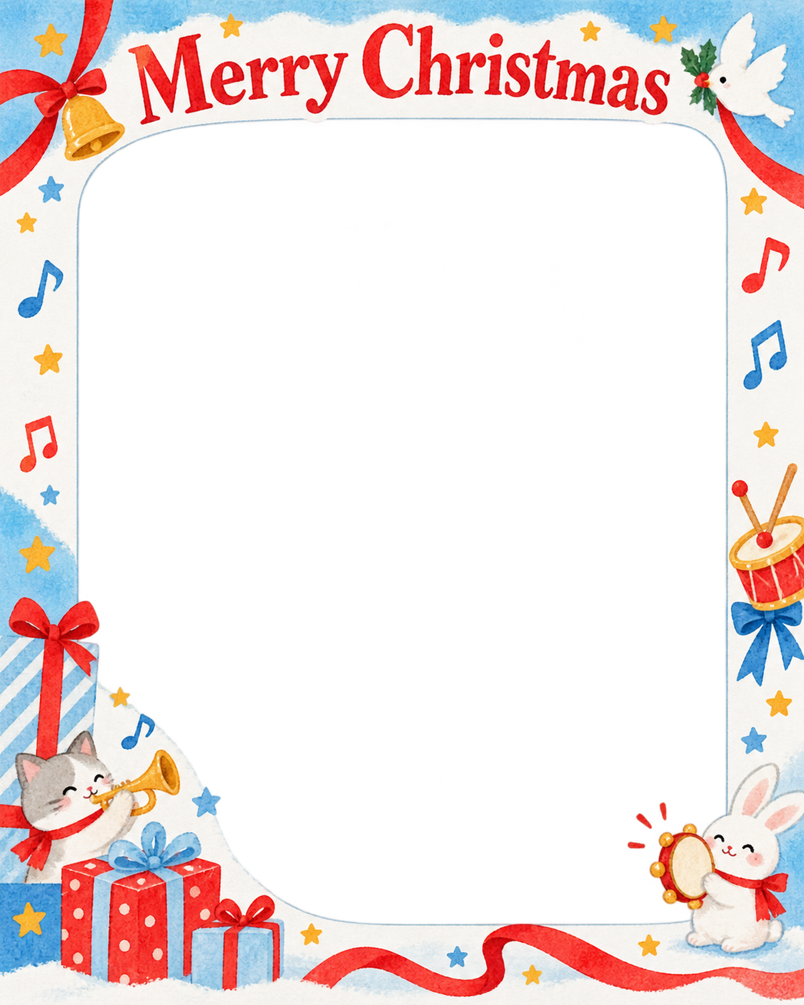 楽器のお祝いの保育園・幼稚園のクリスマス会写真フレーム｜切り絵の冬のお祝い・無料イラスト 100059に写真・文字を入れる