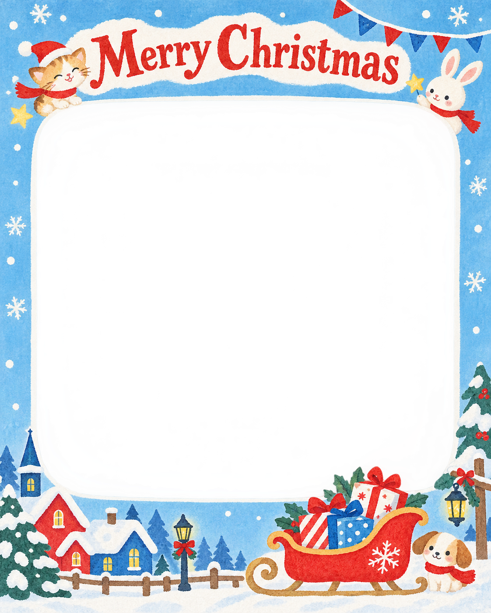 プレゼントのそりの保育園・幼稚園のクリスマス会写真フレーム｜切り絵の冬のお祝い・無料イラスト 100061に写真・文字を入れる