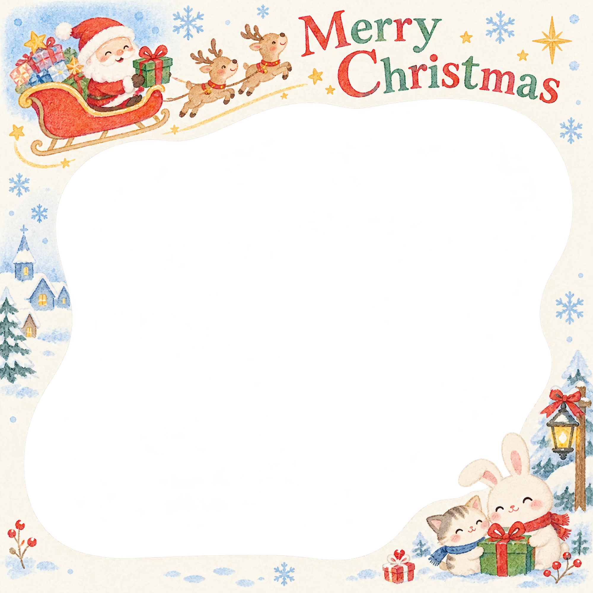 サンタの贈り物の保育園・幼稚園のクリスマス会写真フレーム｜雪のどうぶつ広場・無料イラスト 100063に写真・文字を入れる