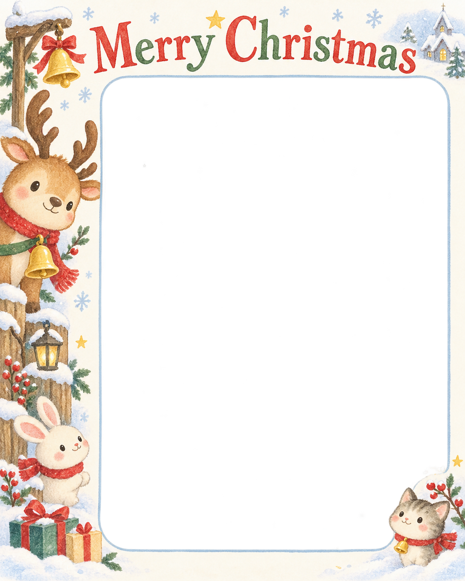 トナカイとベルの保育園・幼稚園のクリスマス会写真フレーム｜雪のどうぶつ広場・無料イラスト 100064に写真・文字を入れる