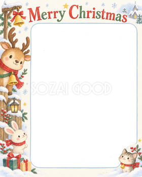 トナカイとベルの保育園・幼稚園のクリスマス会写真フレーム｜雪のどうぶつ広場・無料イラスト 100064