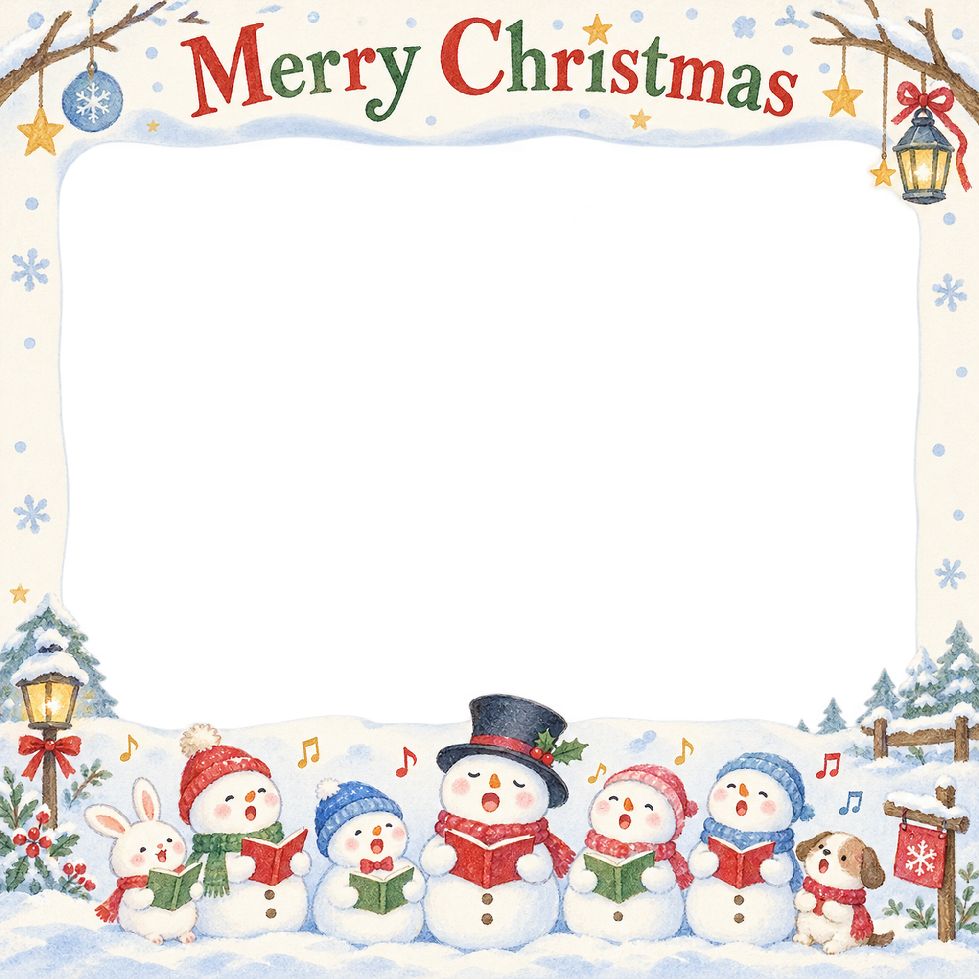 雪だるまの合唱の保育園・幼稚園のクリスマス会写真フレーム｜雪のどうぶつ広場・無料イラスト 100065に写真・文字を入れる