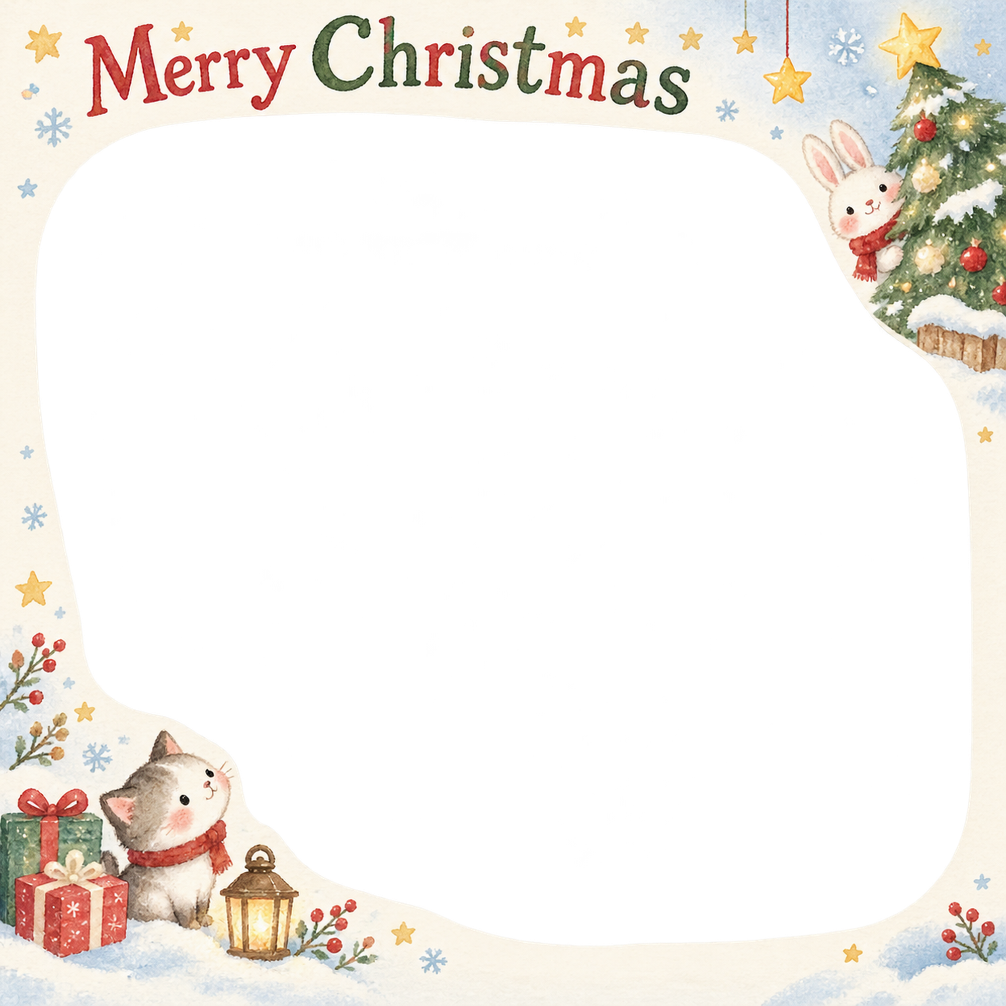 ツリーと星の保育園・幼稚園のクリスマス会写真フレーム｜雪のどうぶつ広場・無料イラスト 100066に写真・文字を入れる