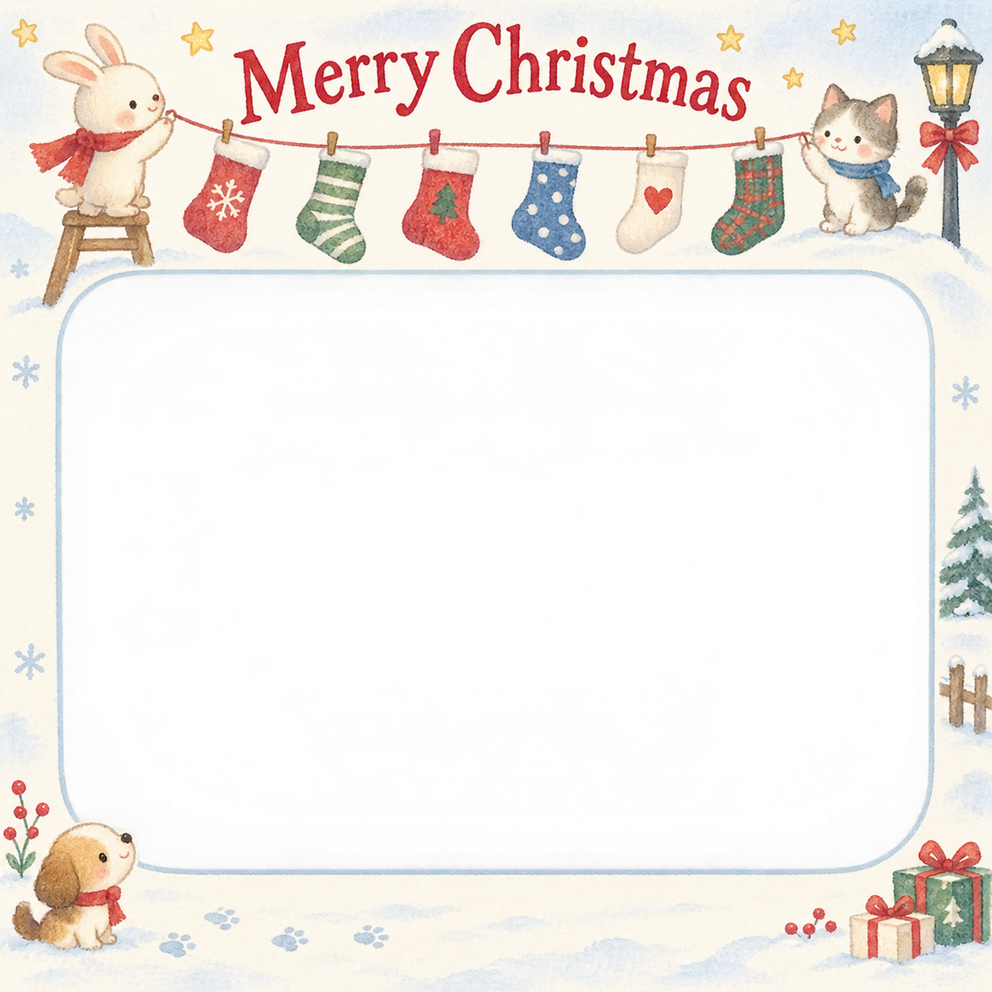 くつしたの列の保育園・幼稚園のクリスマス会写真フレーム｜雪のどうぶつ広場・無料イラスト 100067に写真・文字を入れる