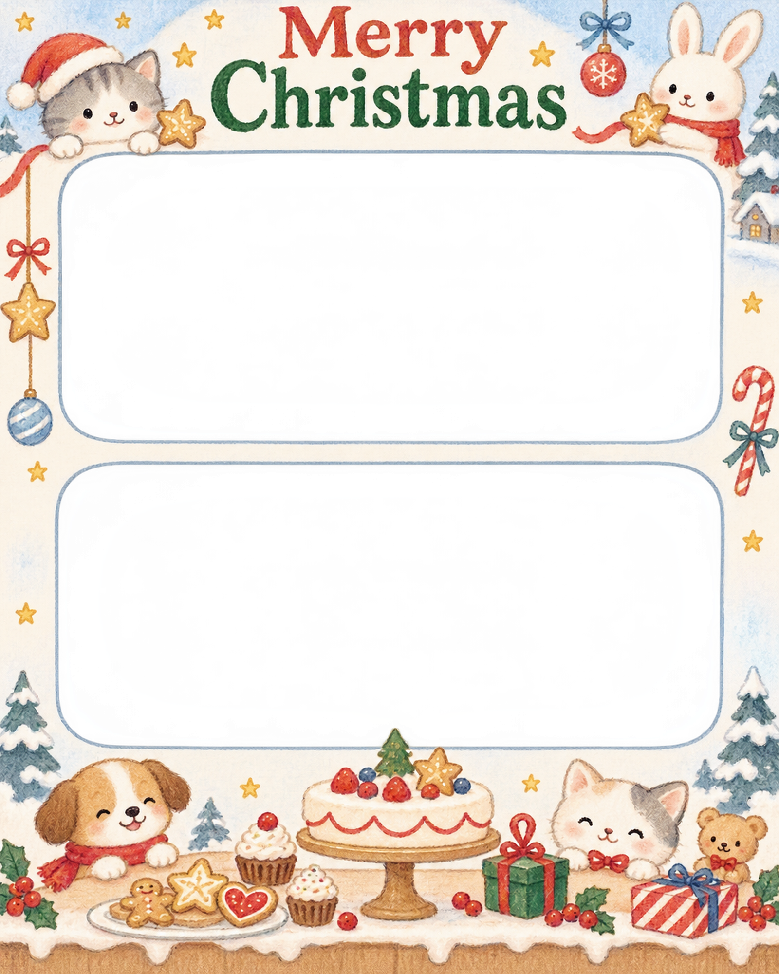 お菓子の舞台の保育園・幼稚園のクリスマス会写真フレーム｜雪のどうぶつ広場・無料イラスト 100068に写真・文字を入れる