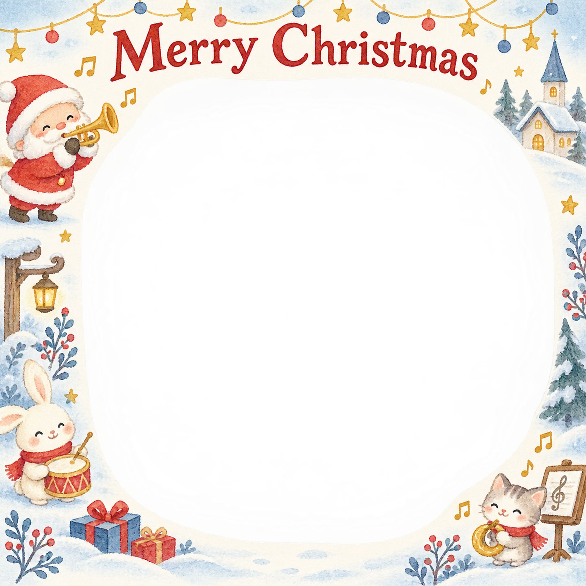 楽器のお祝いの保育園・幼稚園のクリスマス会写真フレーム｜雪のどうぶつ広場・無料イラスト 100069に写真・文字を入れる