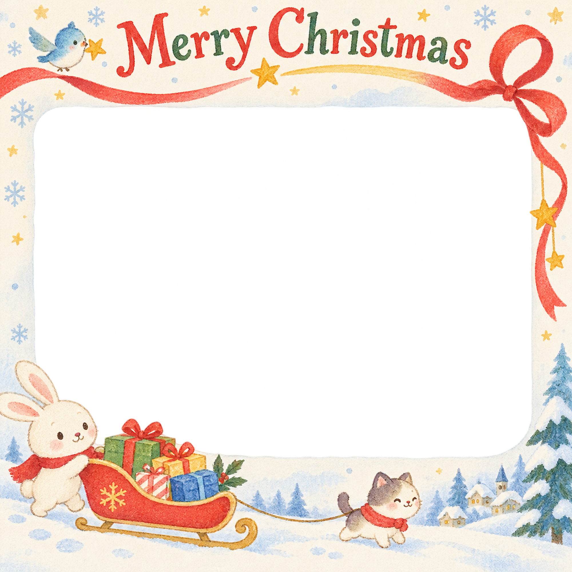 プレゼントのそりの保育園・幼稚園のクリスマス会写真フレーム｜雪のどうぶつ広場・無料イラスト 100071に写真・文字を入れる