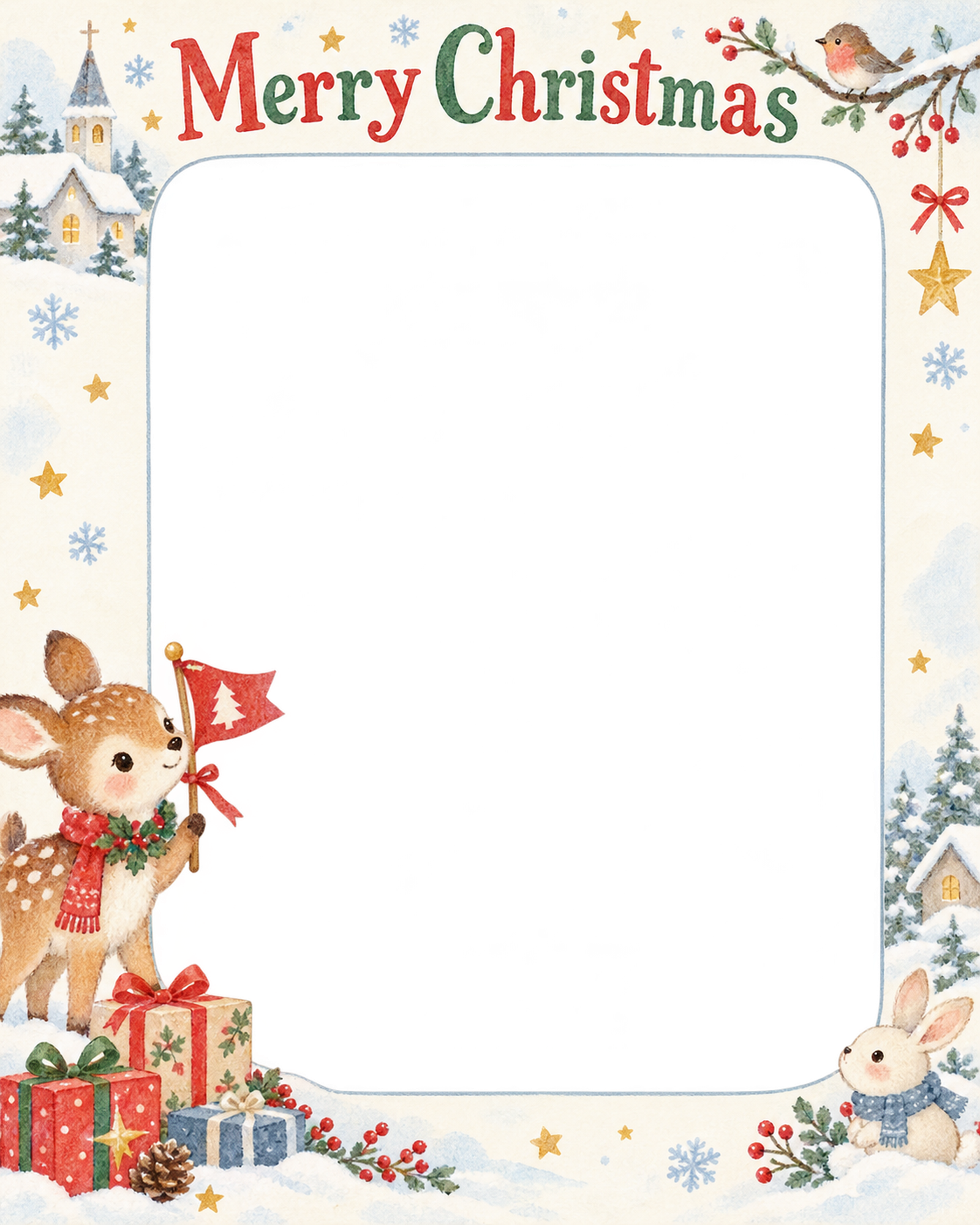子鹿と小さな旗の保育園・幼稚園のクリスマス会写真フレーム｜雪のどうぶつ広場・無料イラスト 100072に写真・文字を入れる
