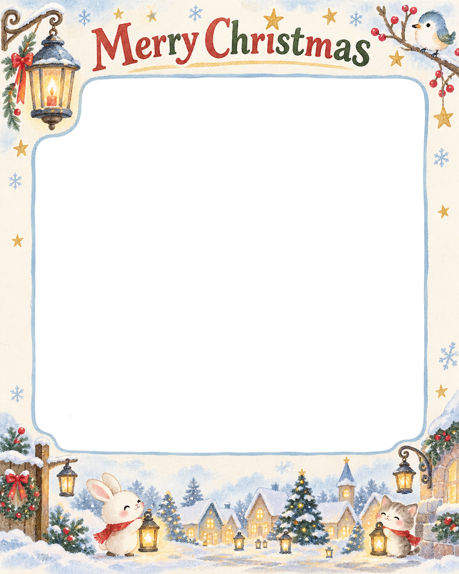 ひかるランタンの保育園・幼稚園のクリスマス会写真フレーム｜雪のどうぶつ広場・無料イラスト 100074に写真・文字を入れる