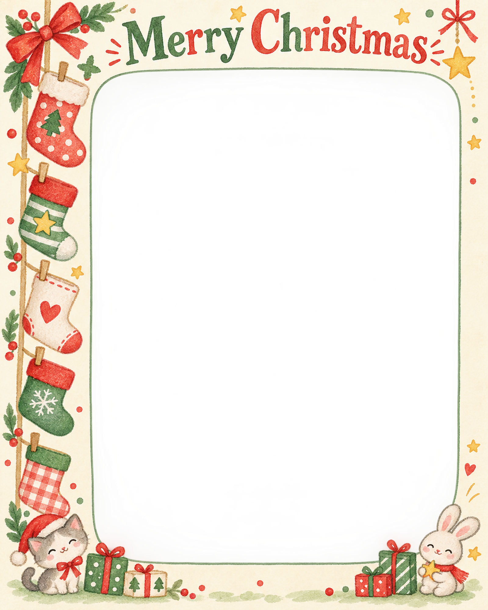 くつしたの列の保育園・幼稚園のクリスマス会写真フレーム｜思い出アルバム・無料イラスト 100077に写真・文字を入れる