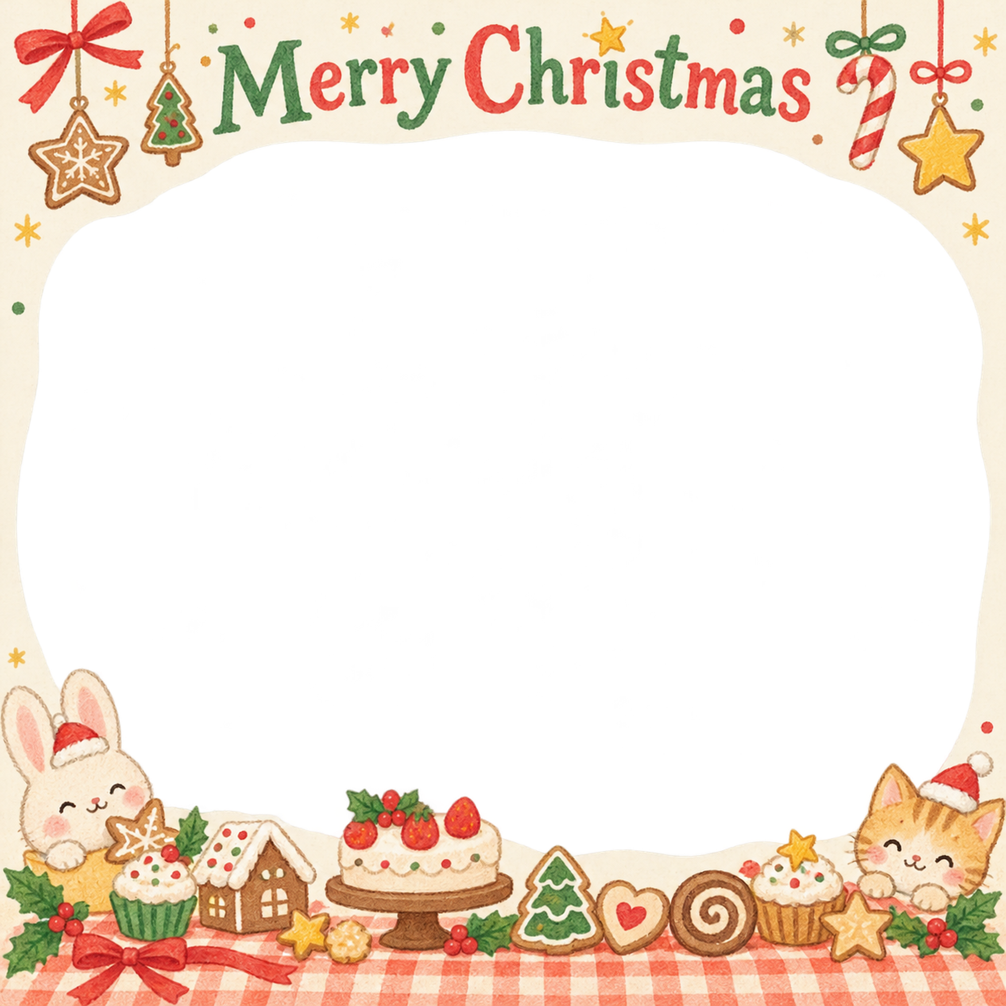 お菓子の舞台の保育園・幼稚園のクリスマス会写真フレーム｜思い出アルバム・無料イラスト 100078に写真・文字を入れる