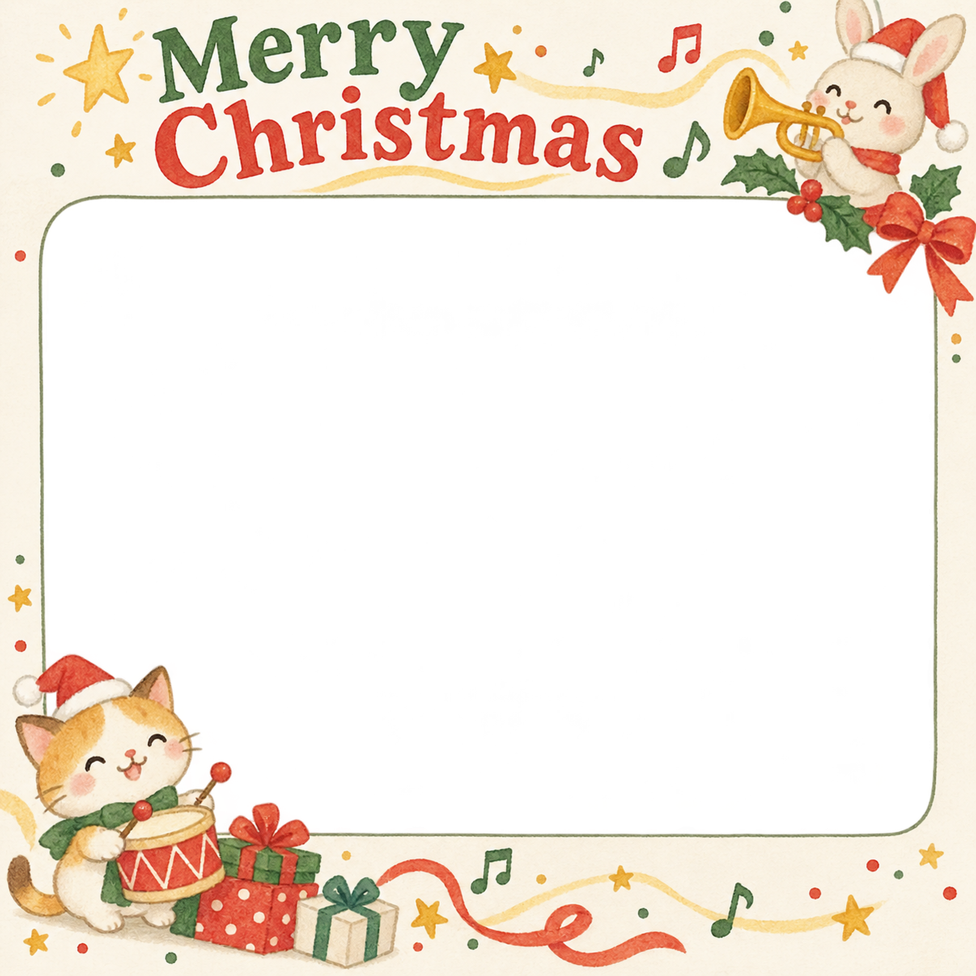 楽器のお祝いの保育園・幼稚園のクリスマス会写真フレーム｜思い出アルバム・無料イラスト 100079に写真・文字を入れる