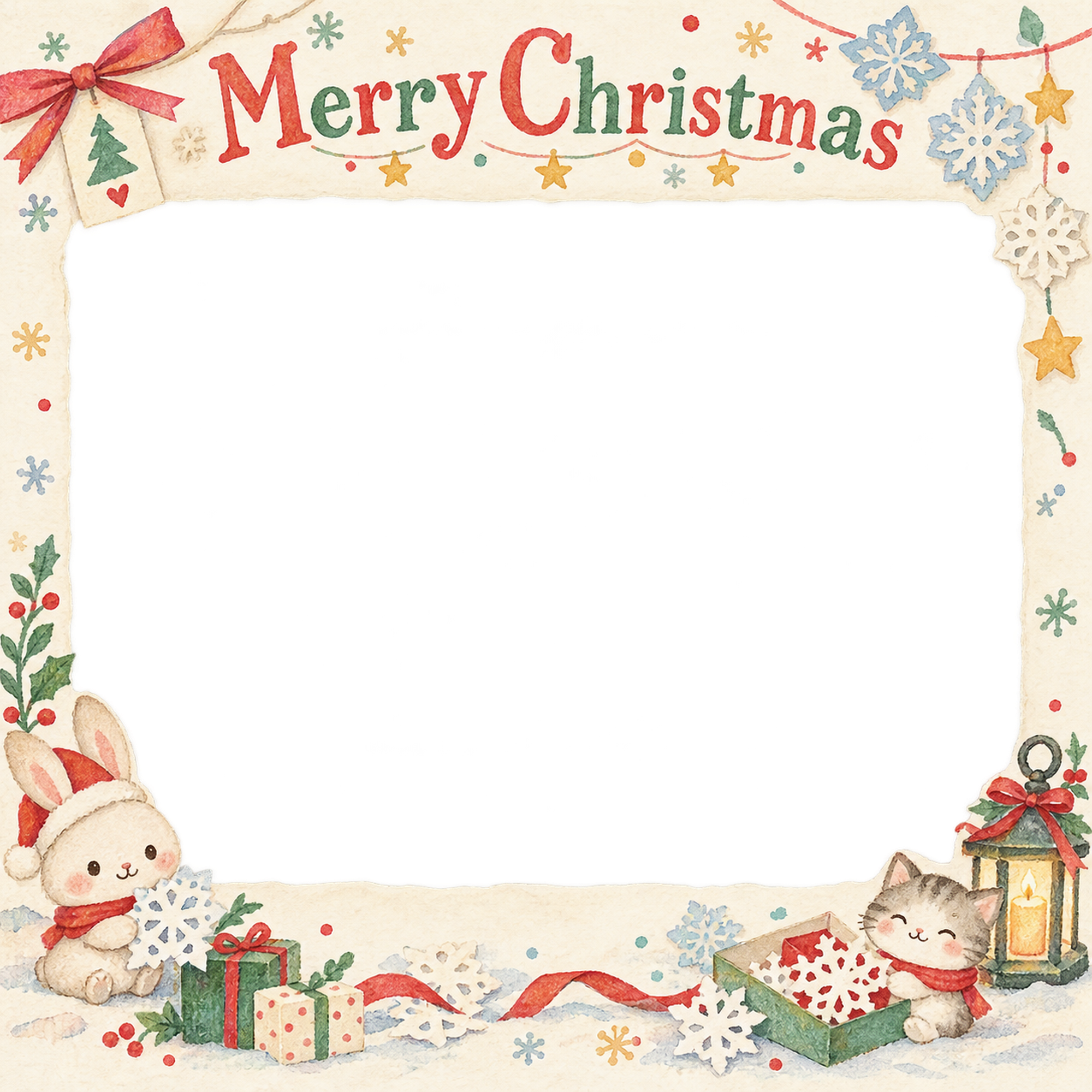 紙の雪結晶の保育園・幼稚園のクリスマス会写真フレーム｜思い出アルバム・無料イラスト 100080に写真・文字を入れる