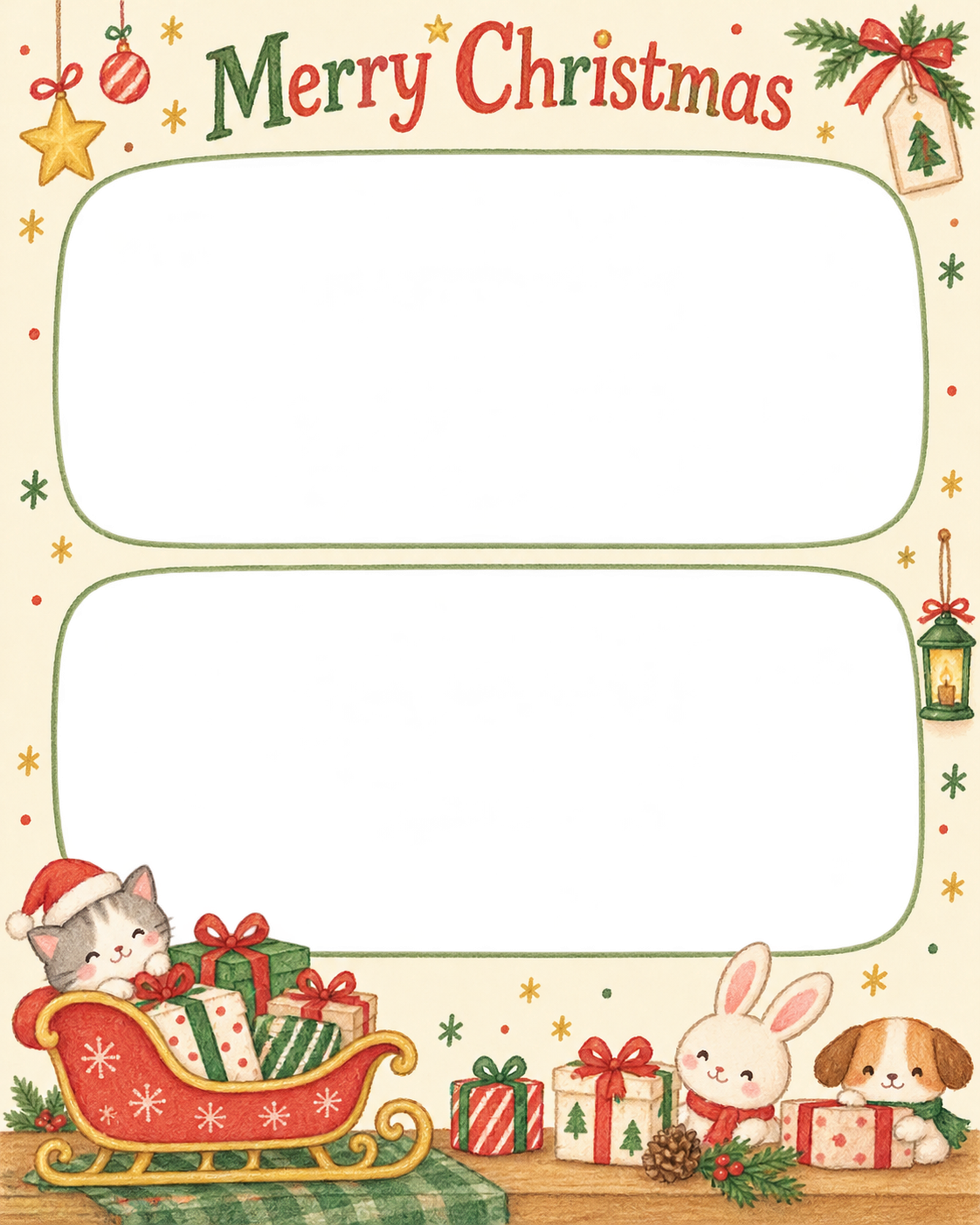 プレゼントのそりの保育園・幼稚園のクリスマス会写真フレーム｜思い出アルバム・無料イラスト 100081に写真・文字を入れる