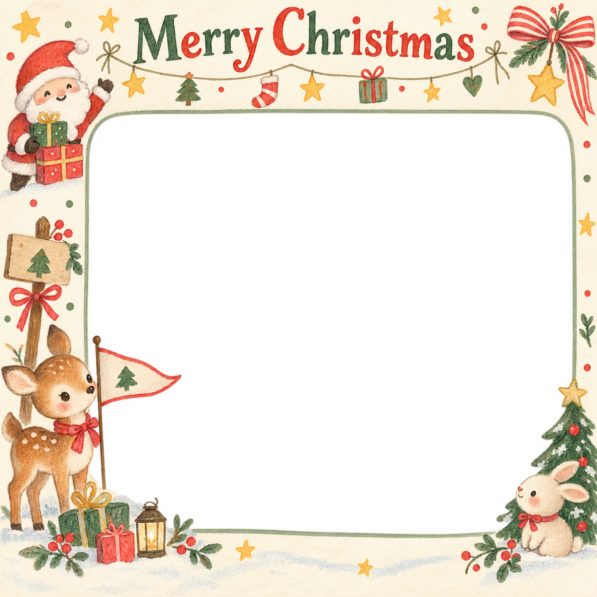子鹿と小さな旗の保育園・幼稚園のクリスマス会写真フレーム｜思い出アルバム・無料イラスト 100082に写真・文字を入れる
