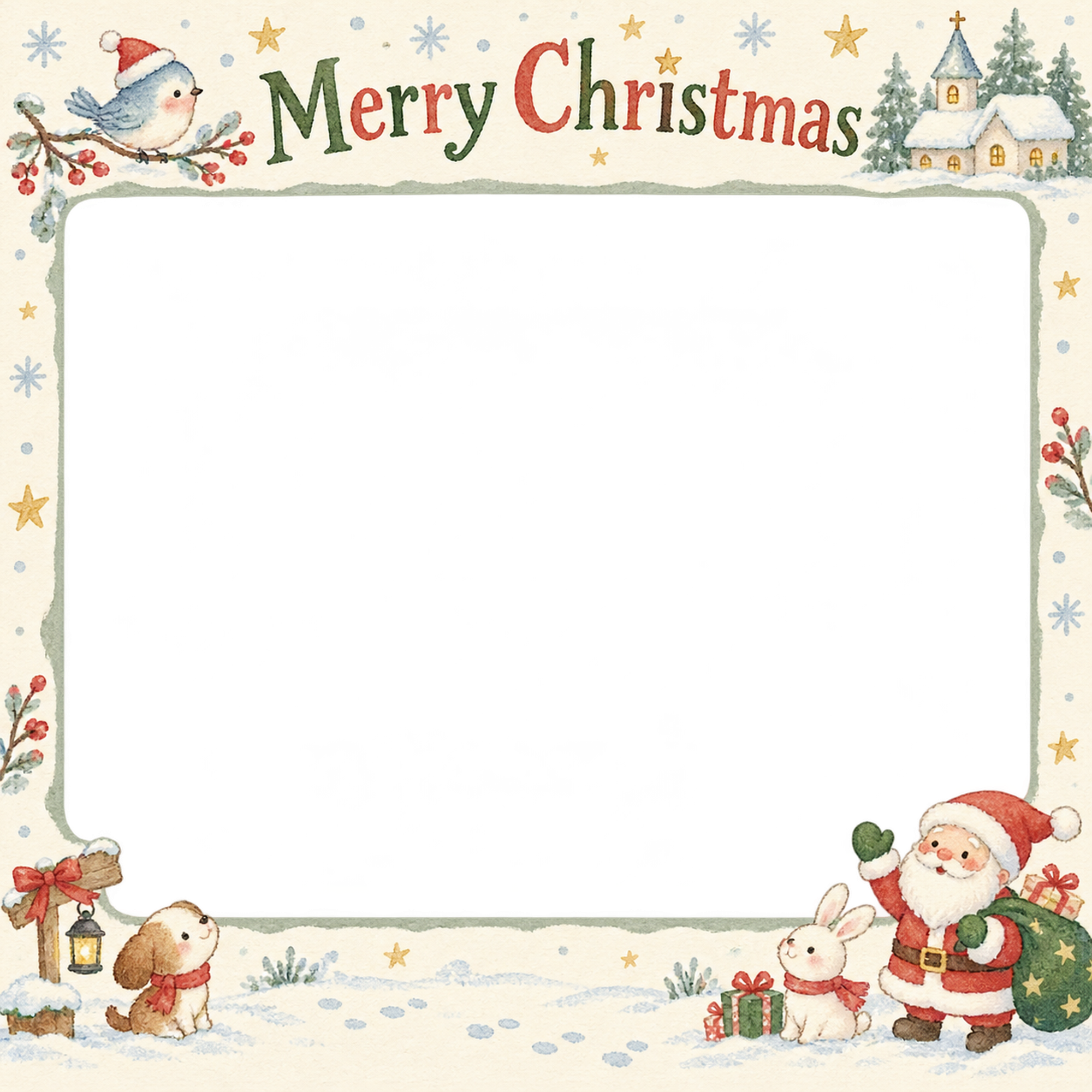 冬の小鳥の保育園・幼稚園のクリスマス会写真フレーム｜思い出アルバム・無料イラスト 100083に写真・文字を入れる