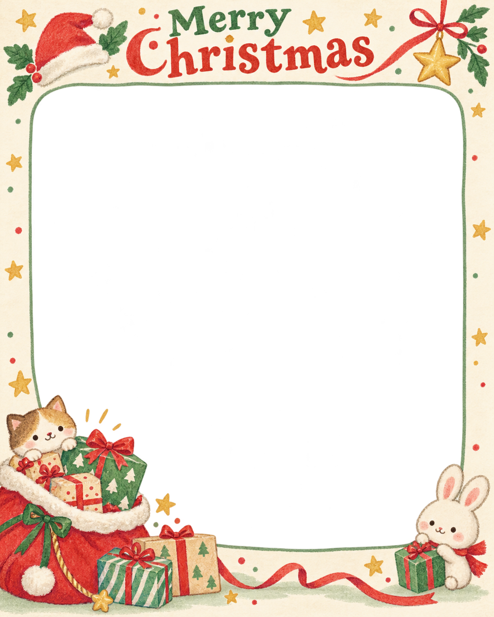 サンタの贈り物の保育園・幼稚園のクリスマス会写真フレーム｜思い出アルバム・無料イラスト 100085に写真・文字を入れる