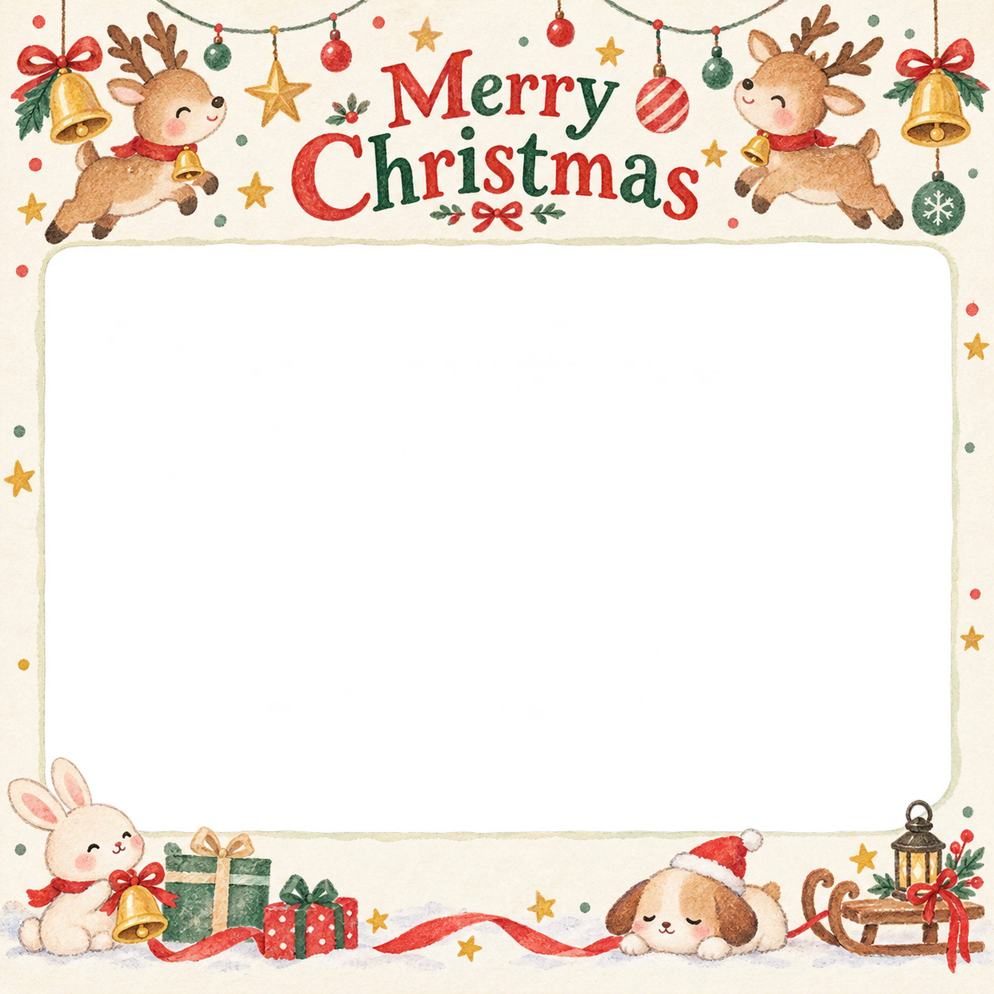 トナカイとベルの保育園・幼稚園のクリスマス会写真フレーム｜思い出アルバム・無料イラスト 100086に写真・文字を入れる