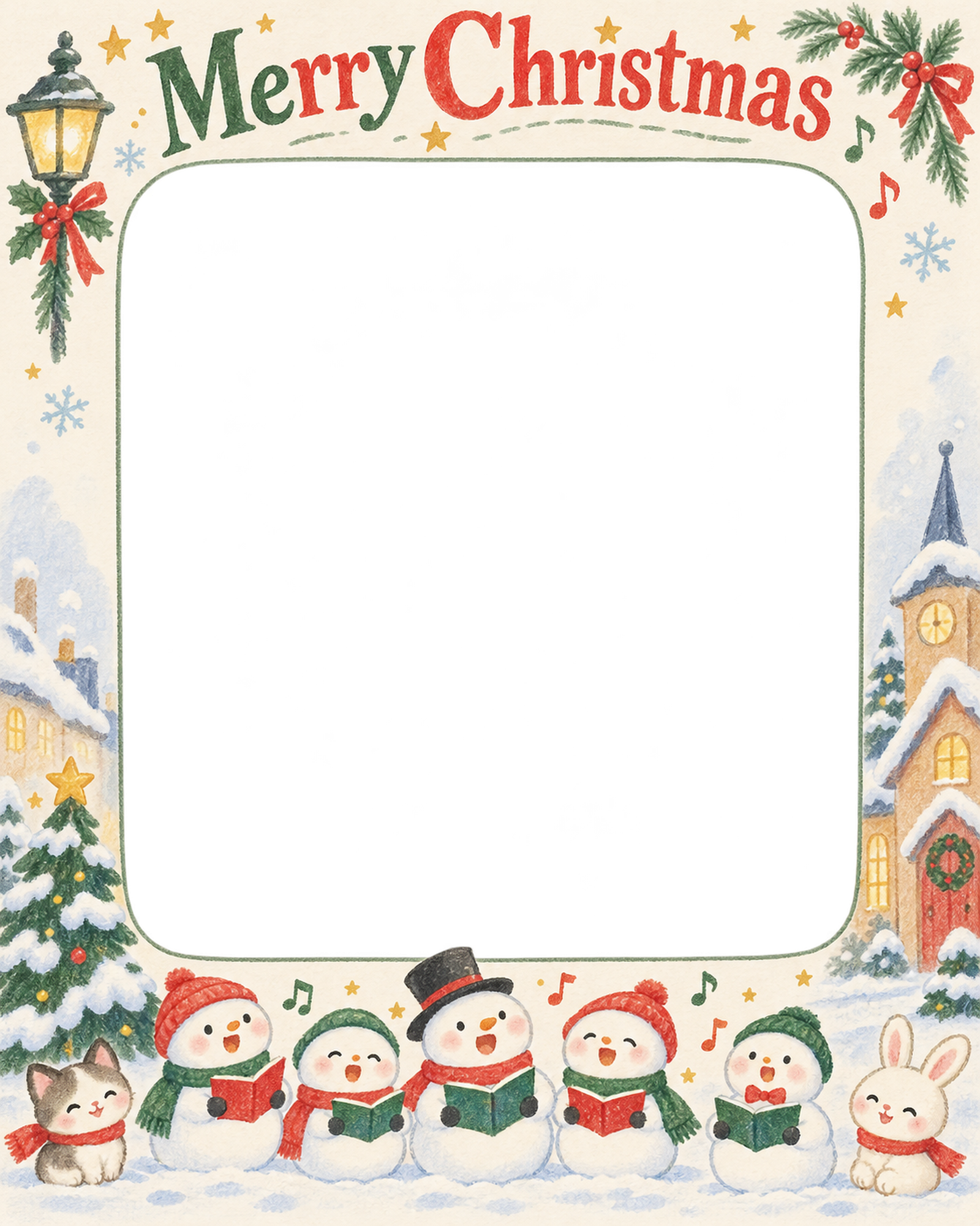 雪だるまの合唱の保育園・幼稚園のクリスマス会写真フレーム｜思い出アルバム・無料イラスト 100087に写真・文字を入れる