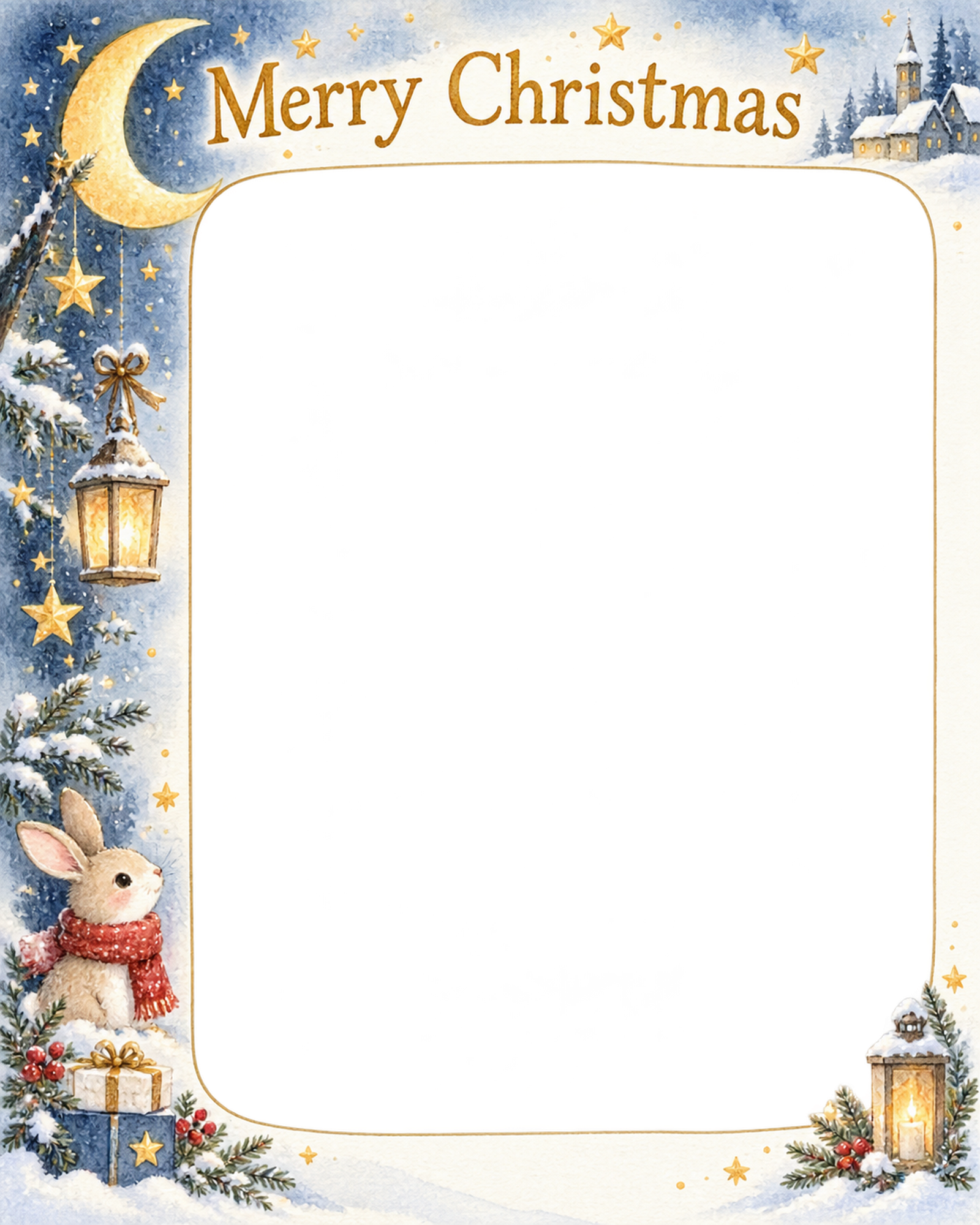 三日月と星の大人・友達のクリスマス写真フレーム｜雪景色と金の光・無料イラスト 100090に写真・文字を入れる