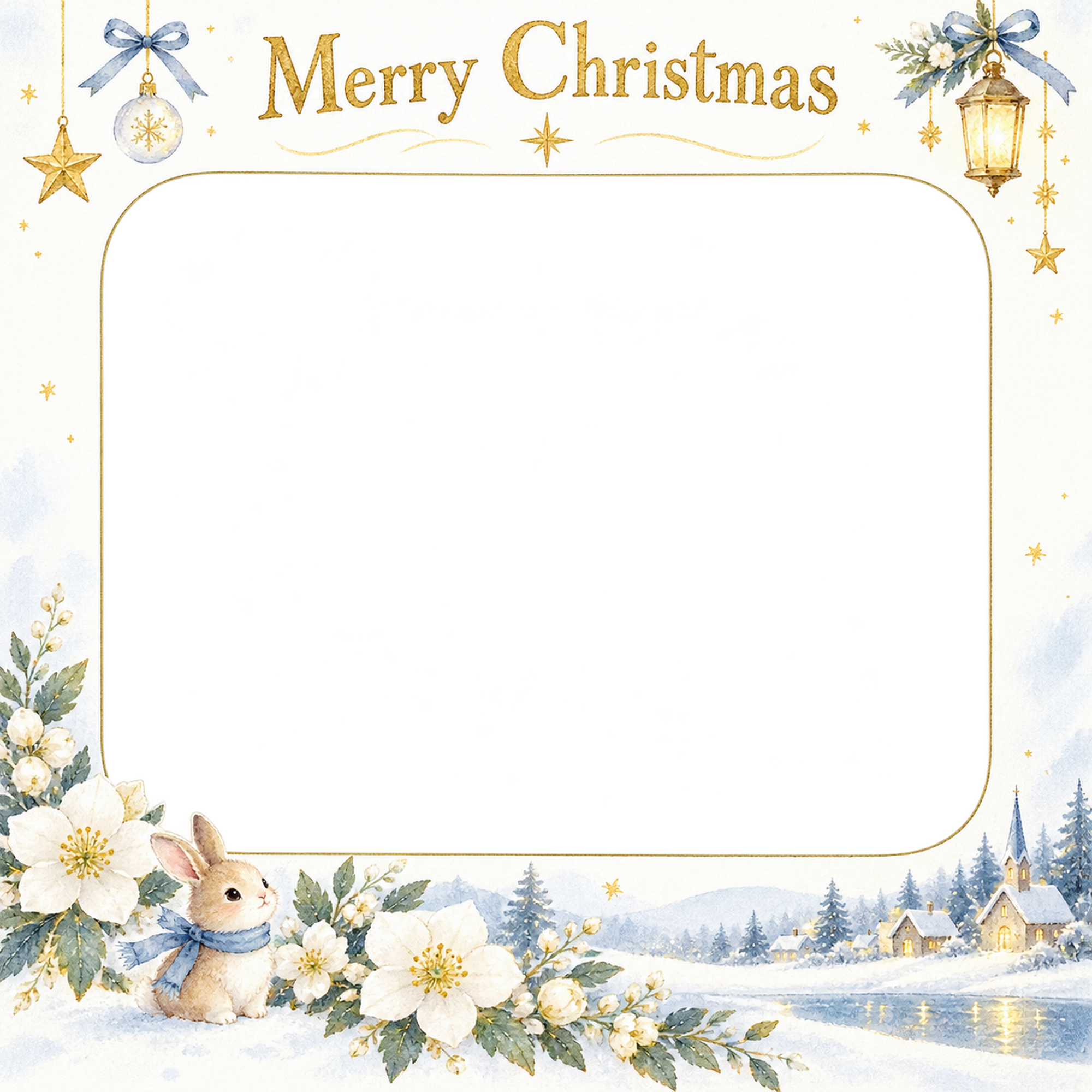 白い花の大人・友達のクリスマス写真フレーム｜雪景色と金の光・無料イラスト 100091に写真・文字を入れる
