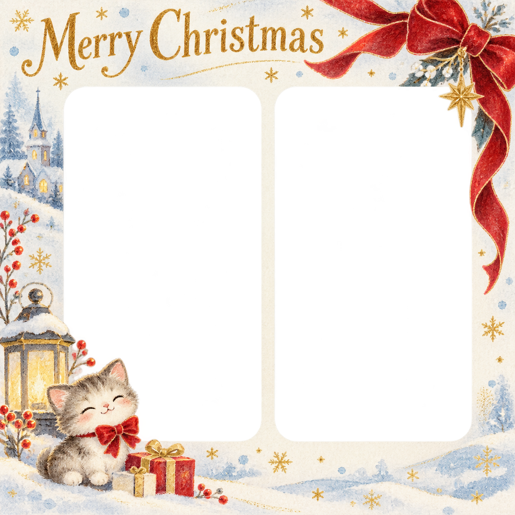 赤いベルベットリボンの大人・友達のクリスマス写真フレーム｜雪景色と金の光・無料イラスト 100092に写真・文字を入れる