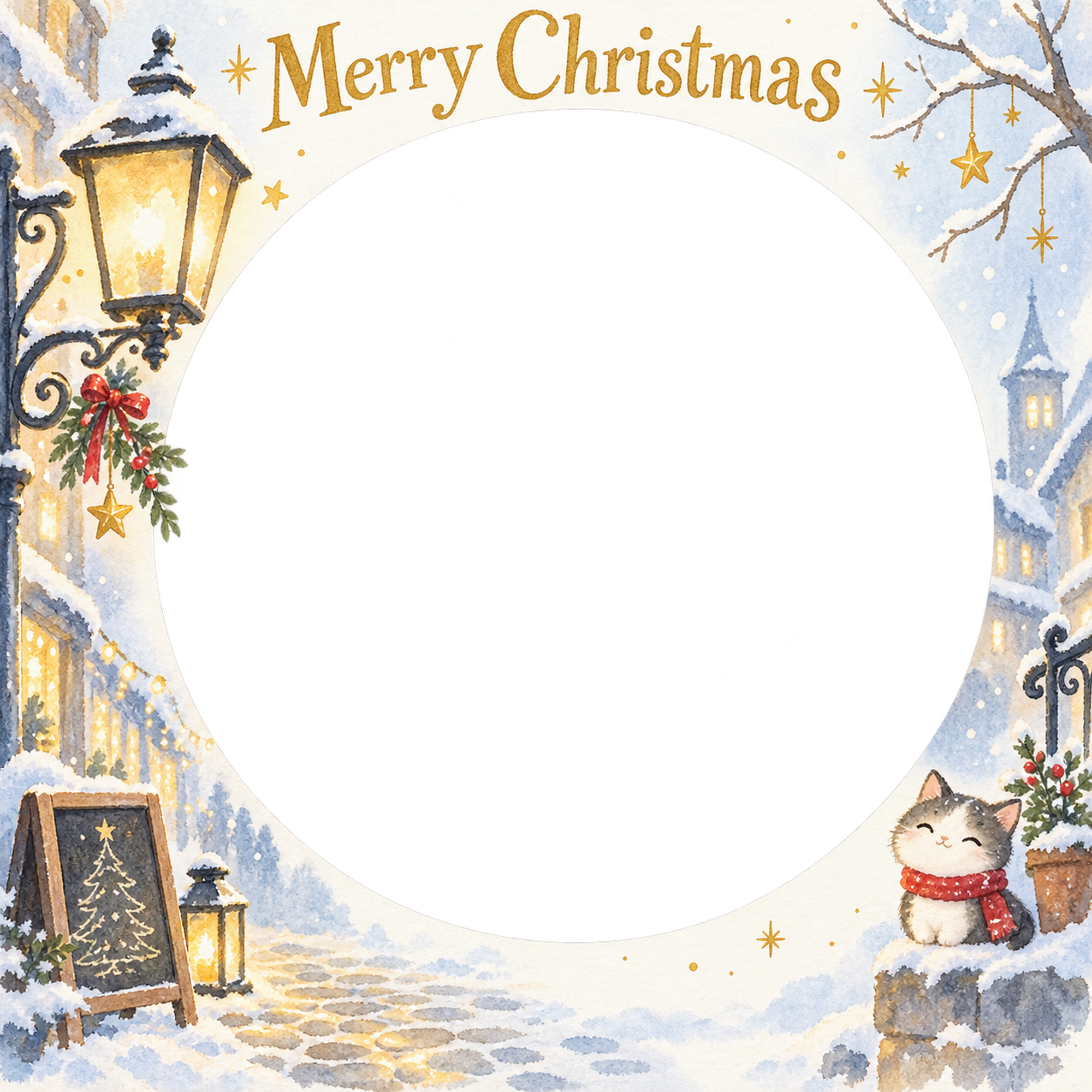街角のランタンの大人・友達のクリスマス写真フレーム｜雪景色と金の光・無料イラスト 100093に写真・文字を入れる