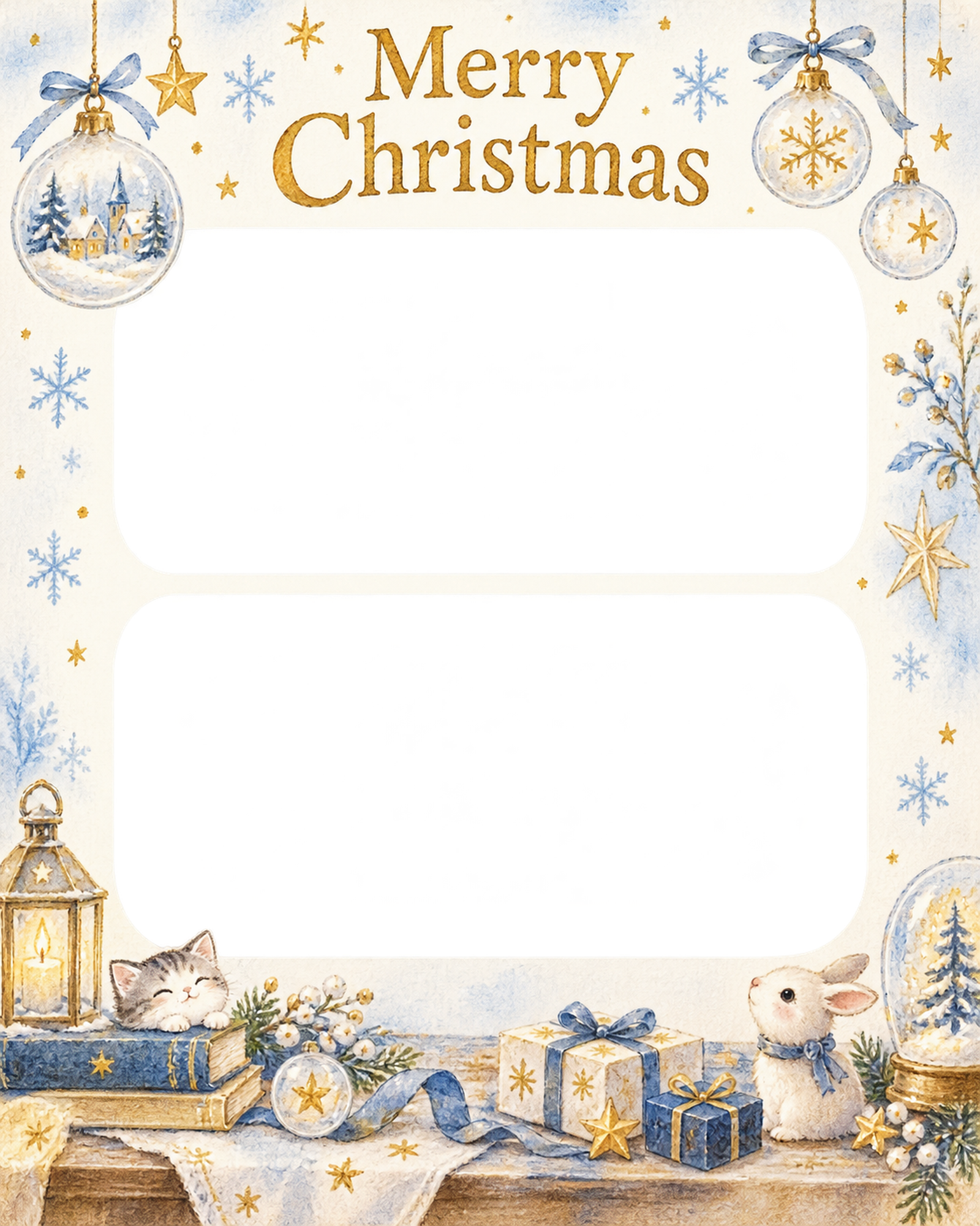ガラスの飾りの大人・友達のクリスマス写真フレーム｜雪景色と金の光・無料イラスト 100094に写真・文字を入れる