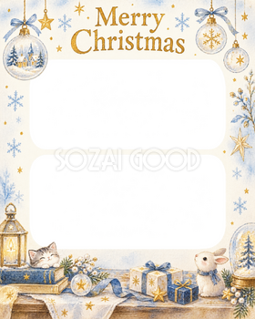 ガラスの飾りの大人・友達のクリスマス写真フレーム｜雪景色と金の光・無料イラスト 100094