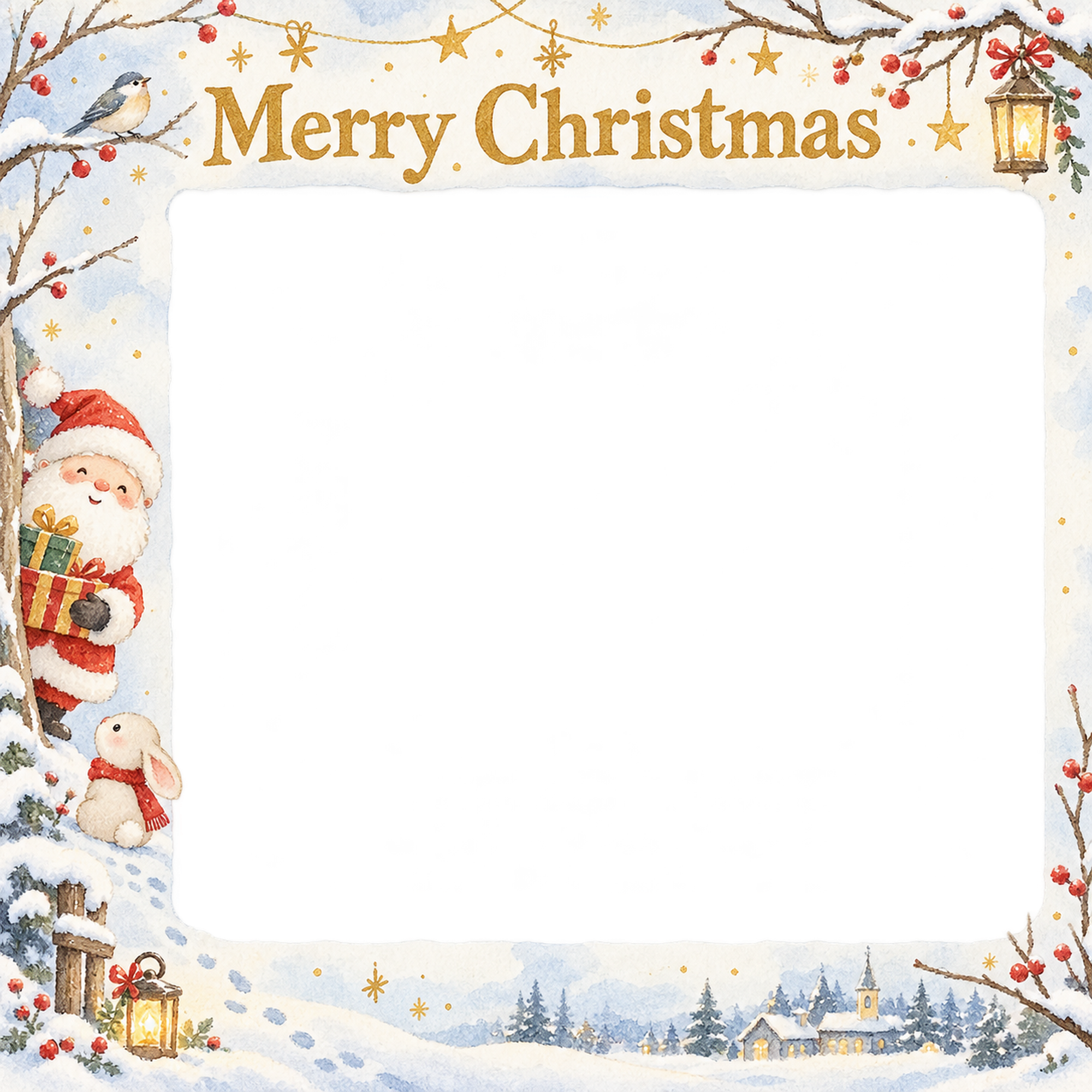 冬の枝の大人・友達のクリスマス写真フレーム｜雪景色と金の光・無料イラスト 100095に写真・文字を入れる