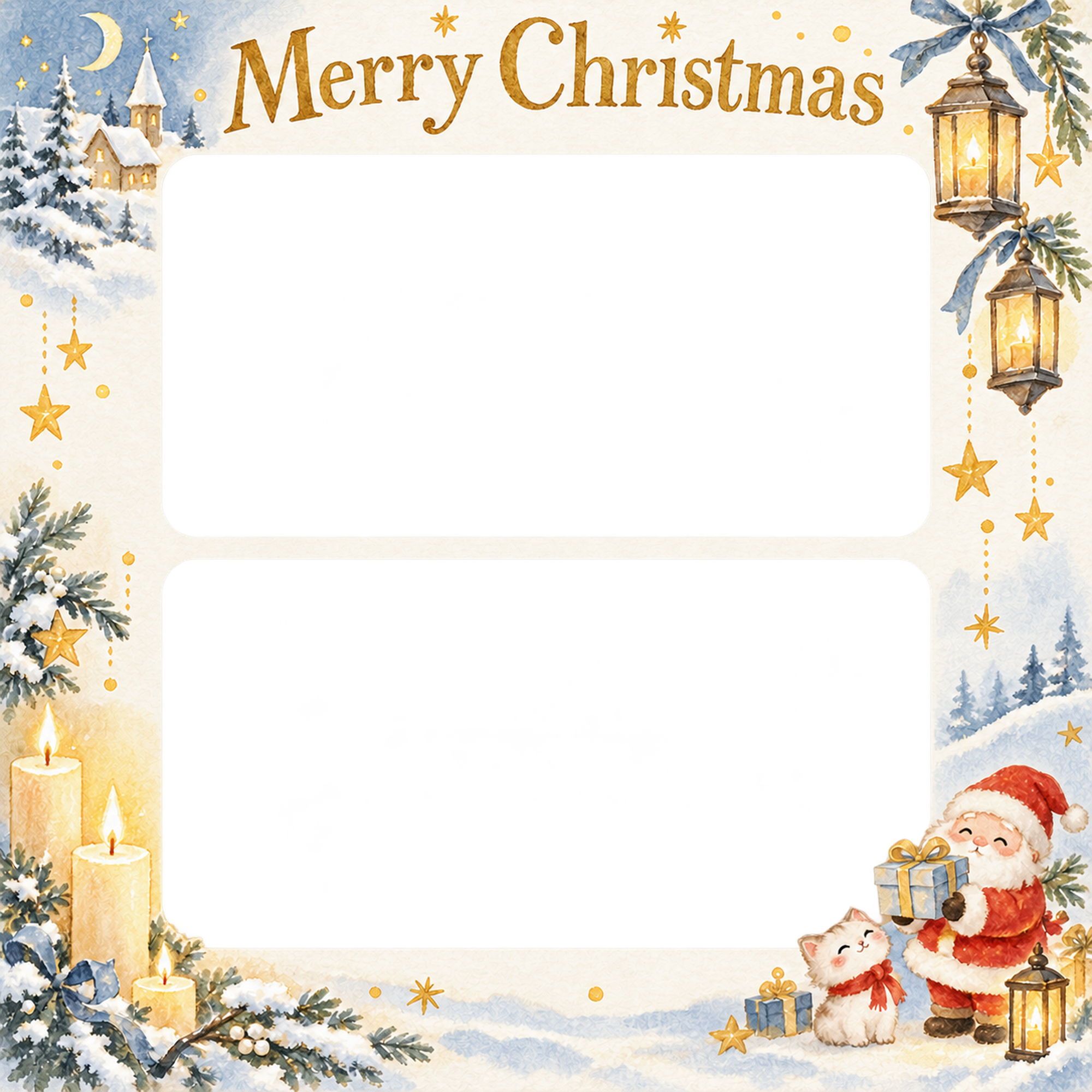 キャンドルの光の大人・友達のクリスマス写真フレーム｜雪景色と金の光・無料イラスト 100096に写真・文字を入れる