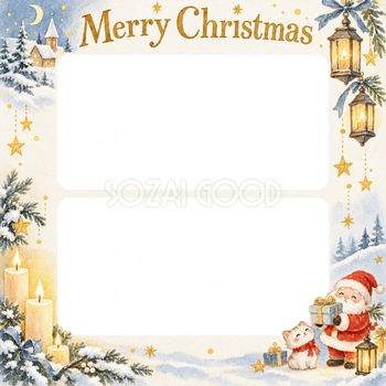 キャンドルの光の大人・友達のクリスマス写真フレーム｜雪景色と金の光・無料イラスト 100096