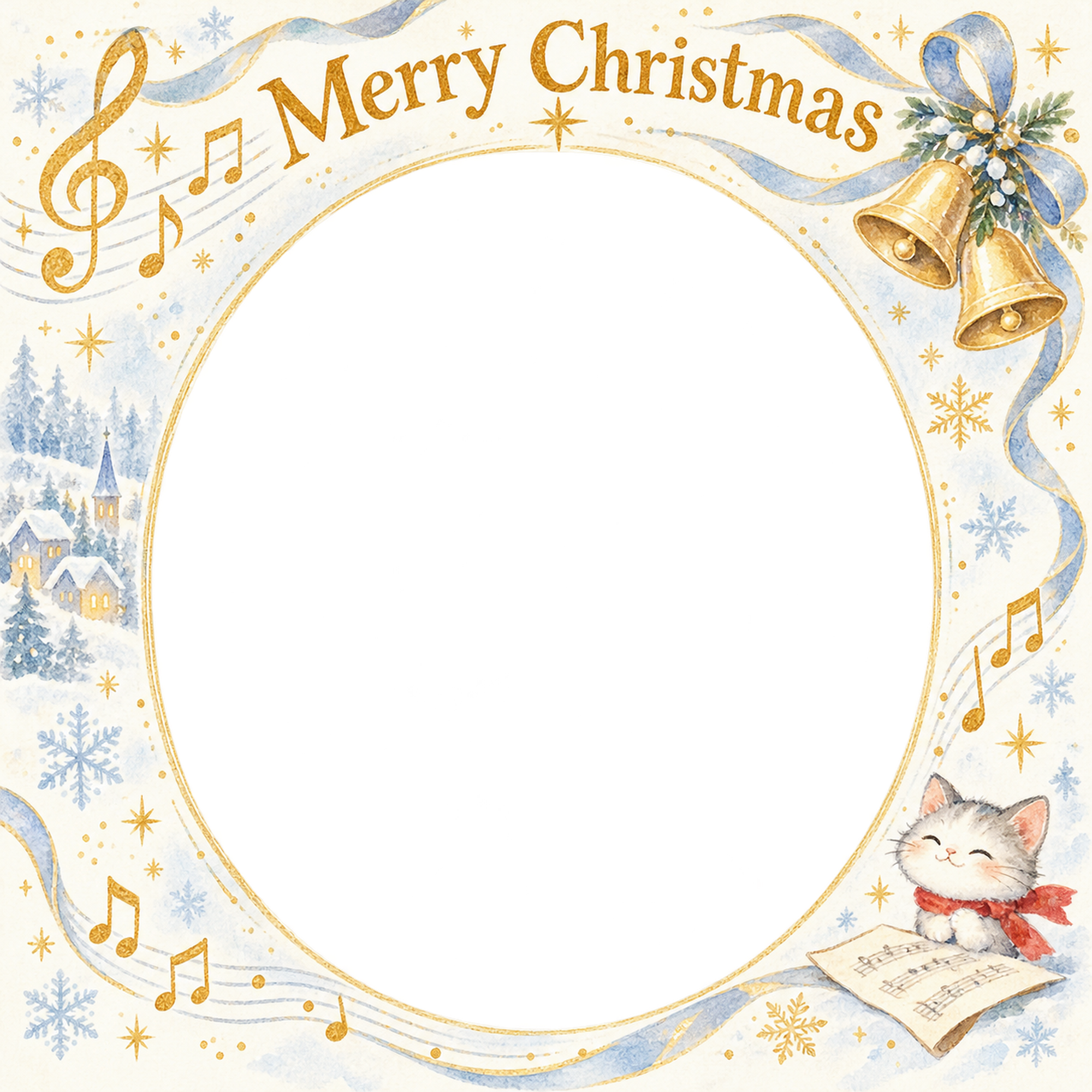 音楽とベルの大人・友達のクリスマス写真フレーム｜雪景色と金の光・無料イラスト 100097に写真・文字を入れる