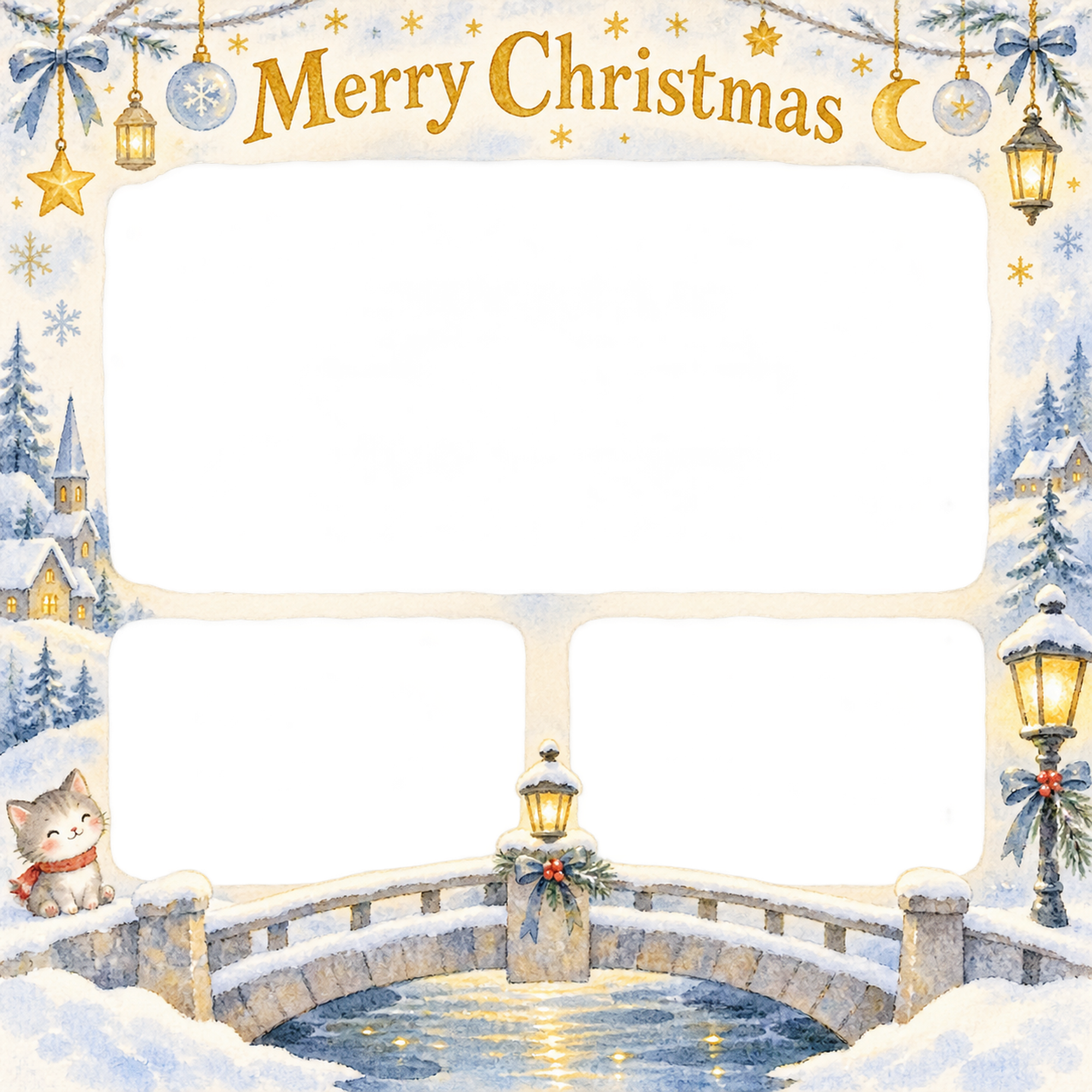 雪の橋の大人・友達のクリスマス写真フレーム｜雪景色と金の光・無料イラスト 100099に写真・文字を入れる